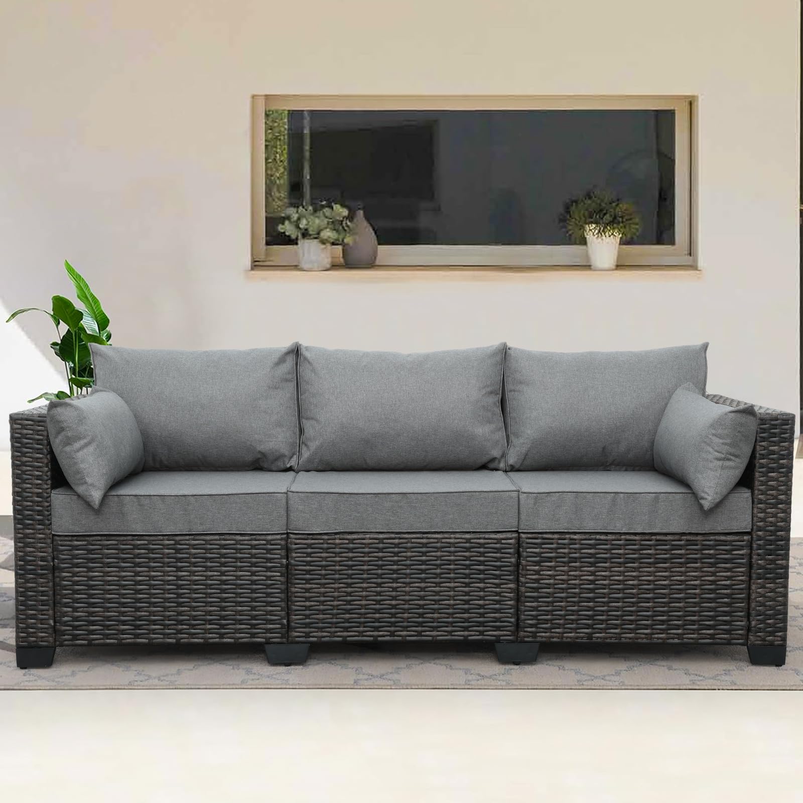 3-Seat Brown PE Wicker Outdoor Sofa, Deep Rattan Patio Couch with Washable Cushions for Garden, Balcony