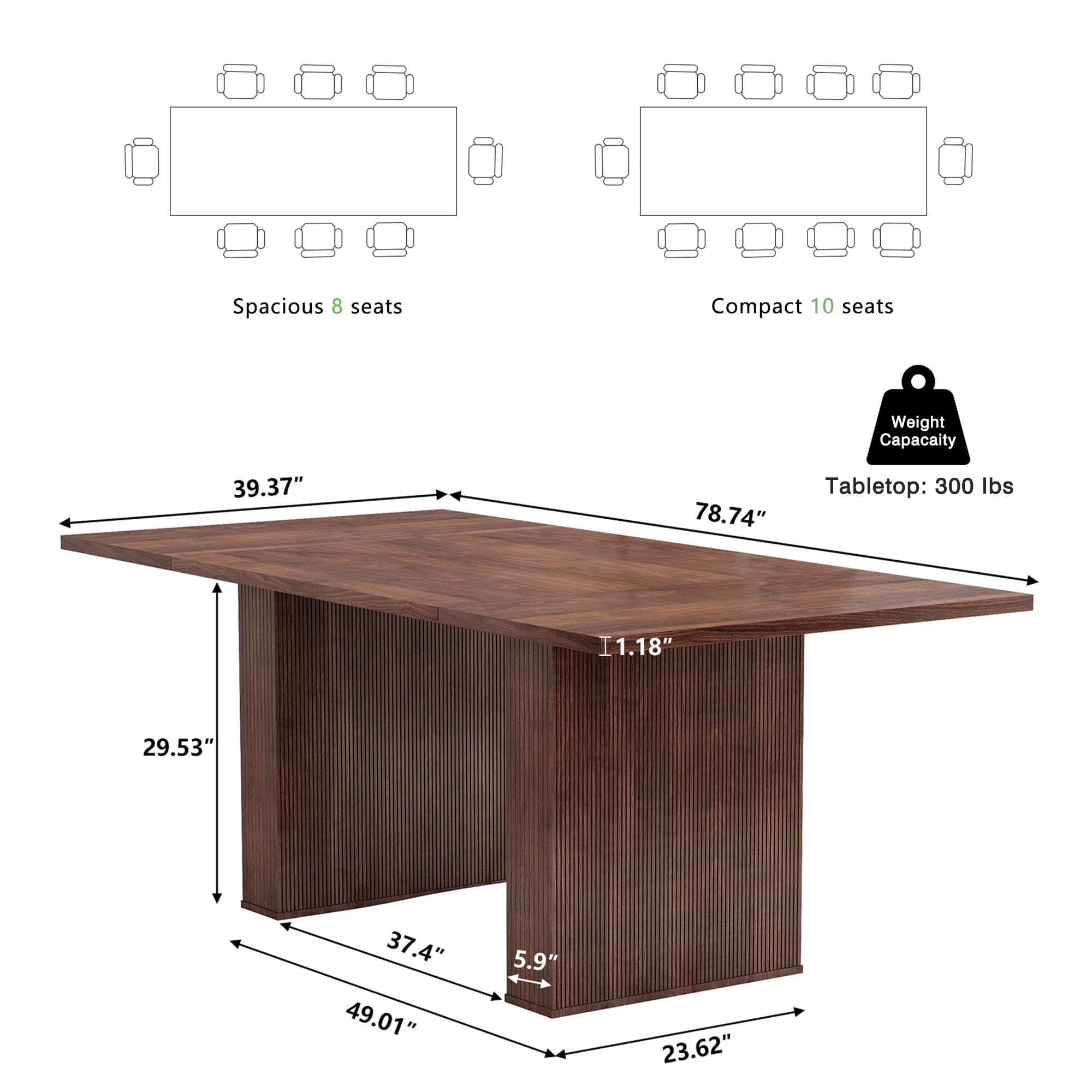 78" Modern Farmhouse Dining Table, Long Walnut Kitchen Table with Wood Strip Base for 6-10 People