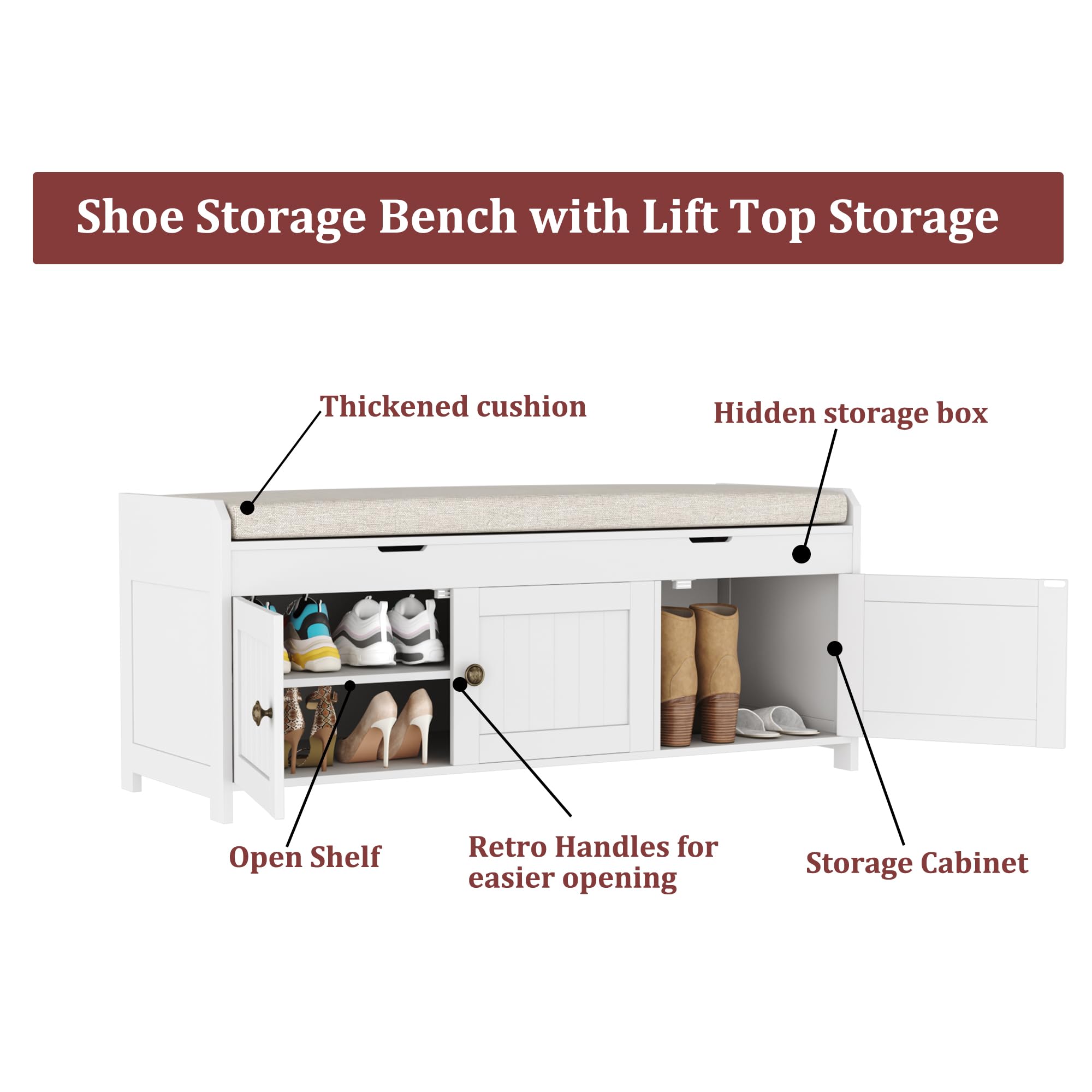 41.3" Entryway Shoe Bench with Cushioned Lift-Top Storage, Wooden Bed Bench Cabinet, White Finish