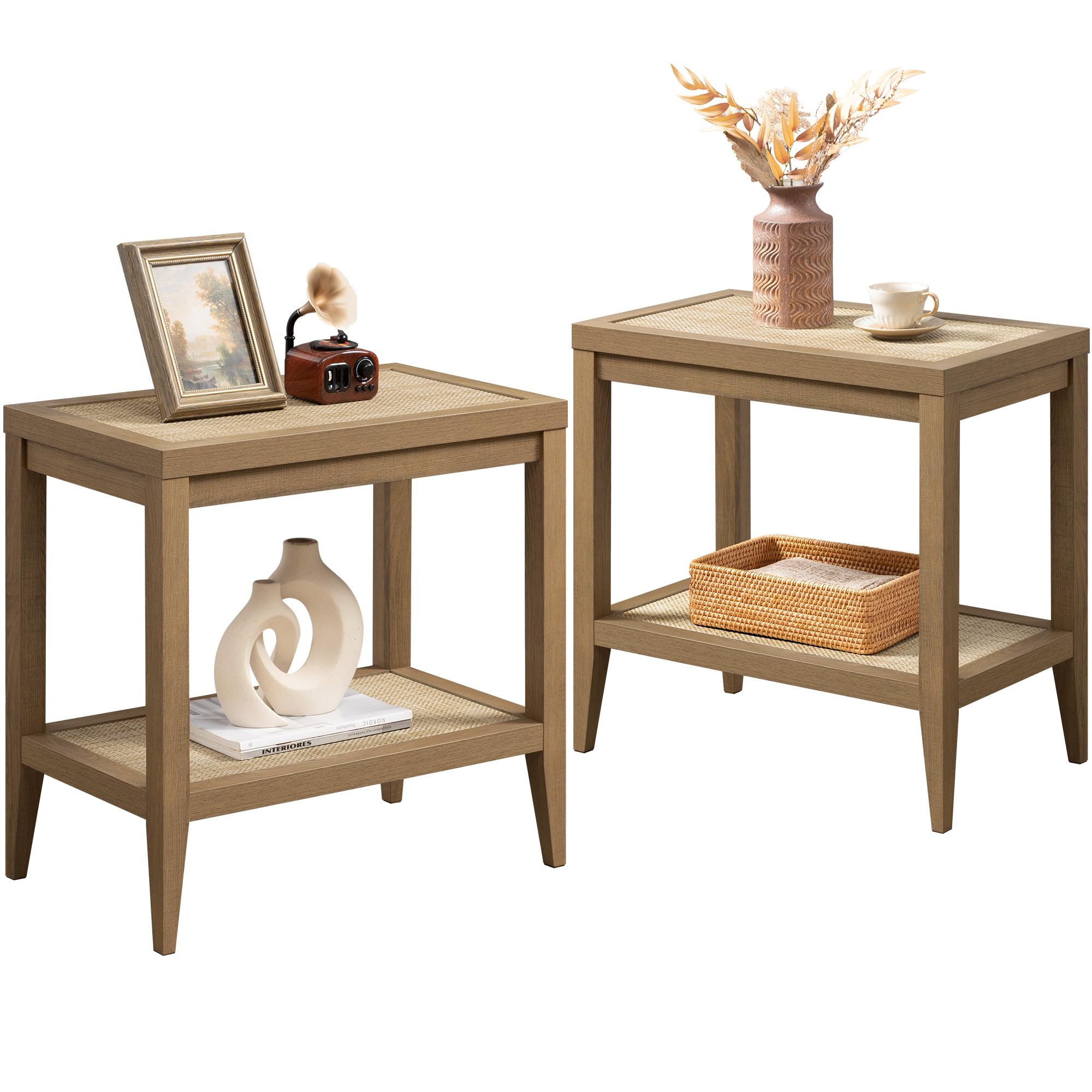 Boho Rattan Nightstand Set of 2, Narrow Side Tables with Storage Shelves for Small Living Spaces