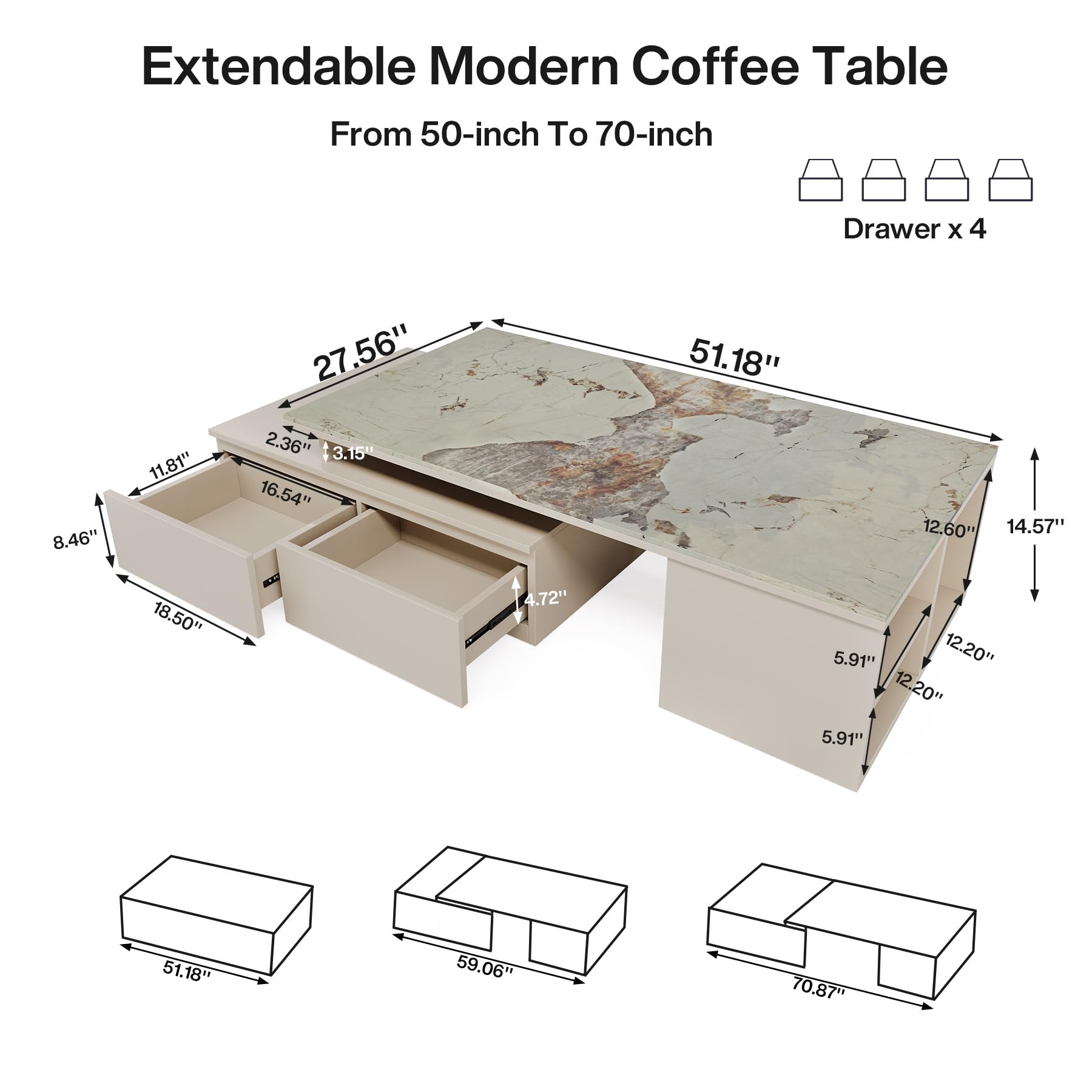 Extendable Coffee Table with Faux Marble Top, 4 Drawers & Storage Shelf, Expands from 51” to 71”