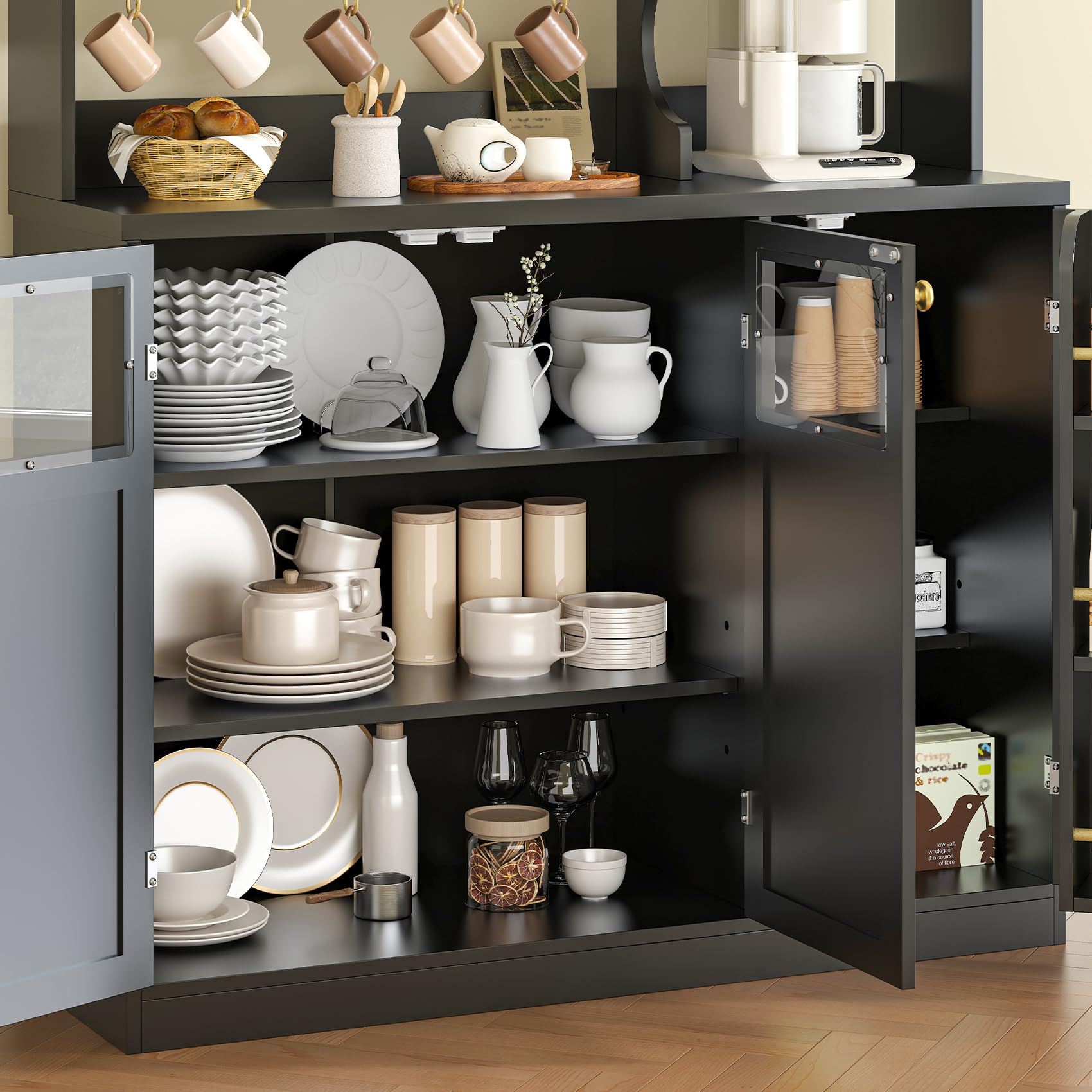 48'' Tall Sideboard Cabinet with 3 Doors & 5-Tier Shelf, Black Coffee Bar Buffet Storage Cabinet with Hooks for Dining
