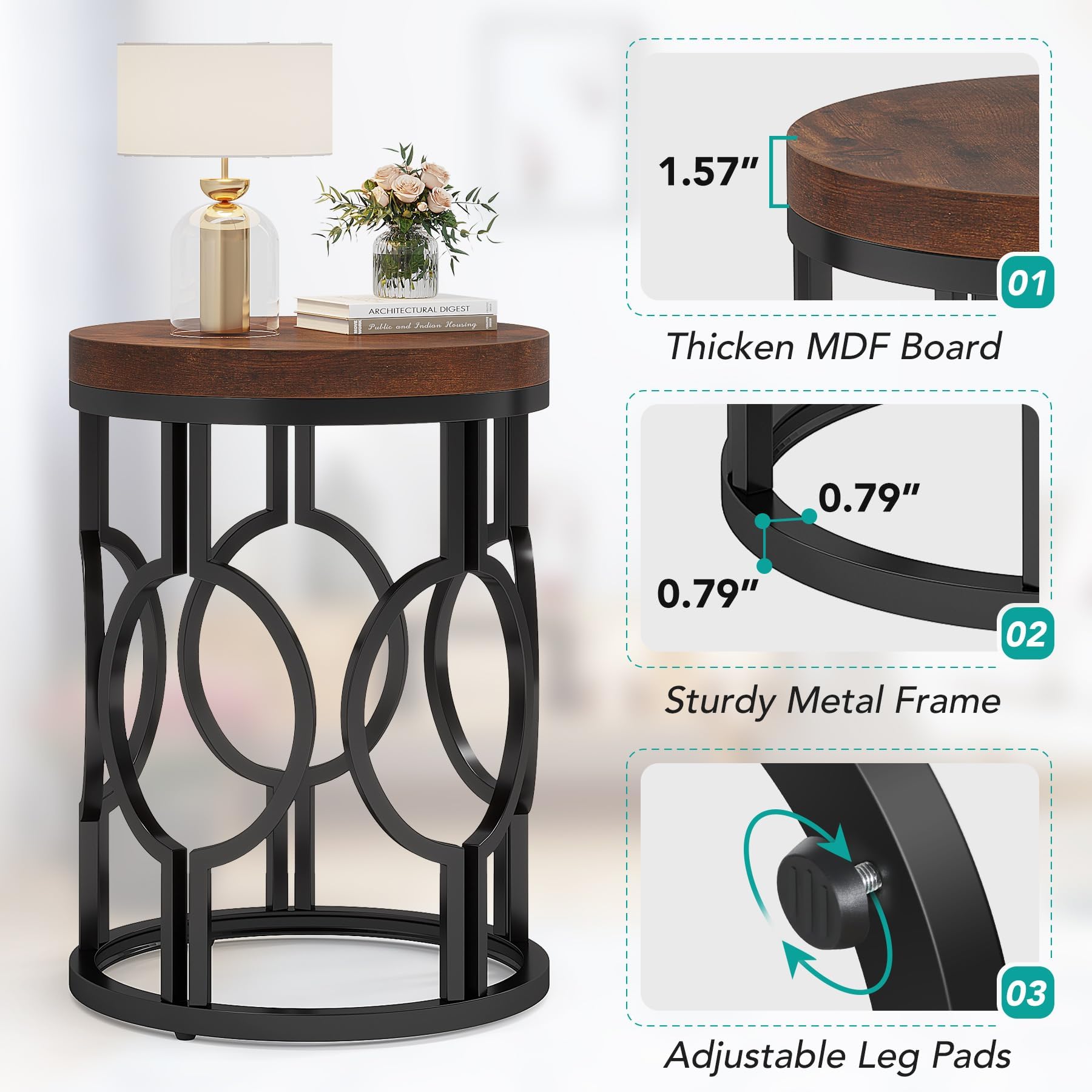 Round Rustic Brown End Table Set of 2, Industrial Side Tables with Metal Hollow Frame, Easy Assembly