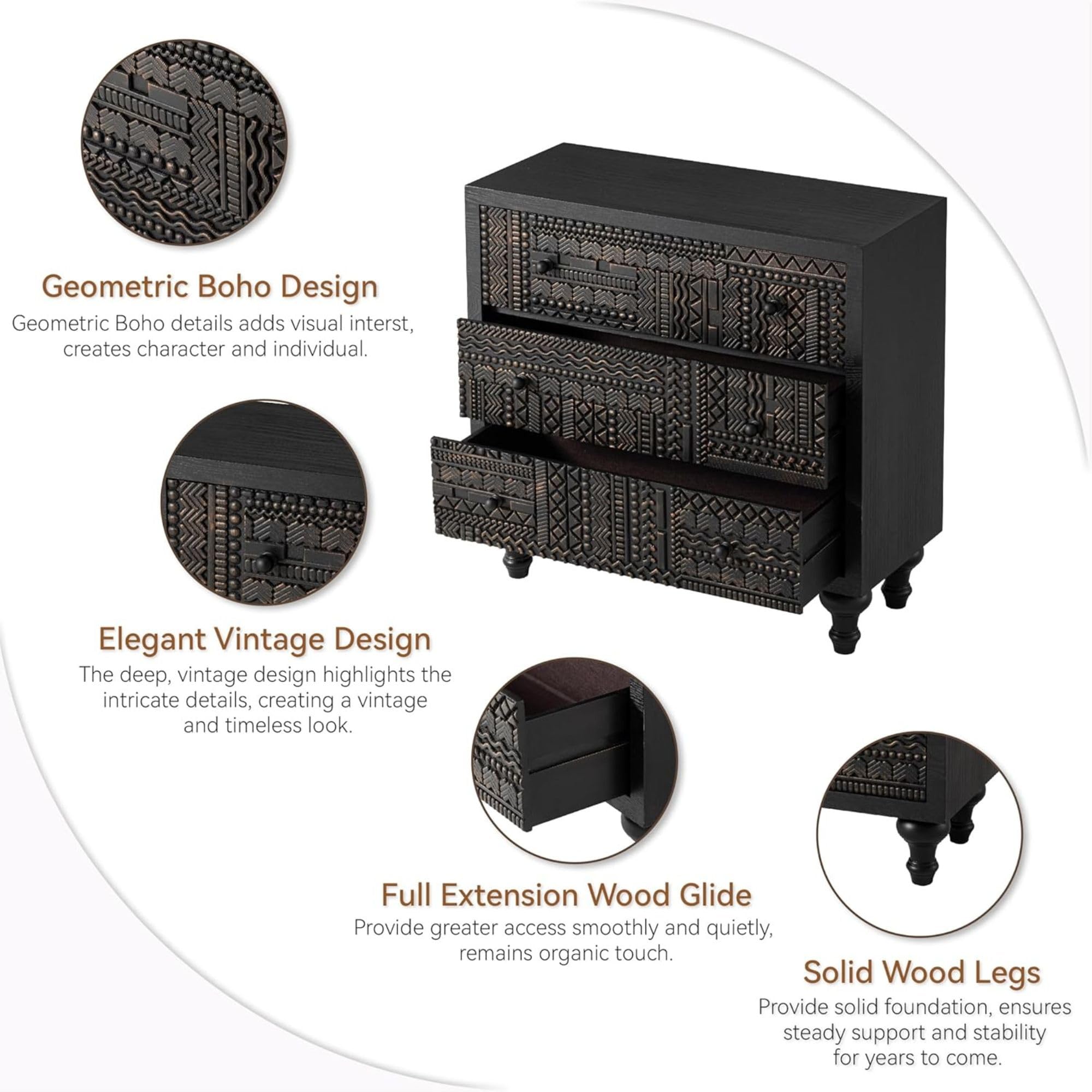 Black 3-Drawer Farmhouse Dresser with Carved Pattern, Mid-Century Modern Boho Nightstand, Fully Assembled