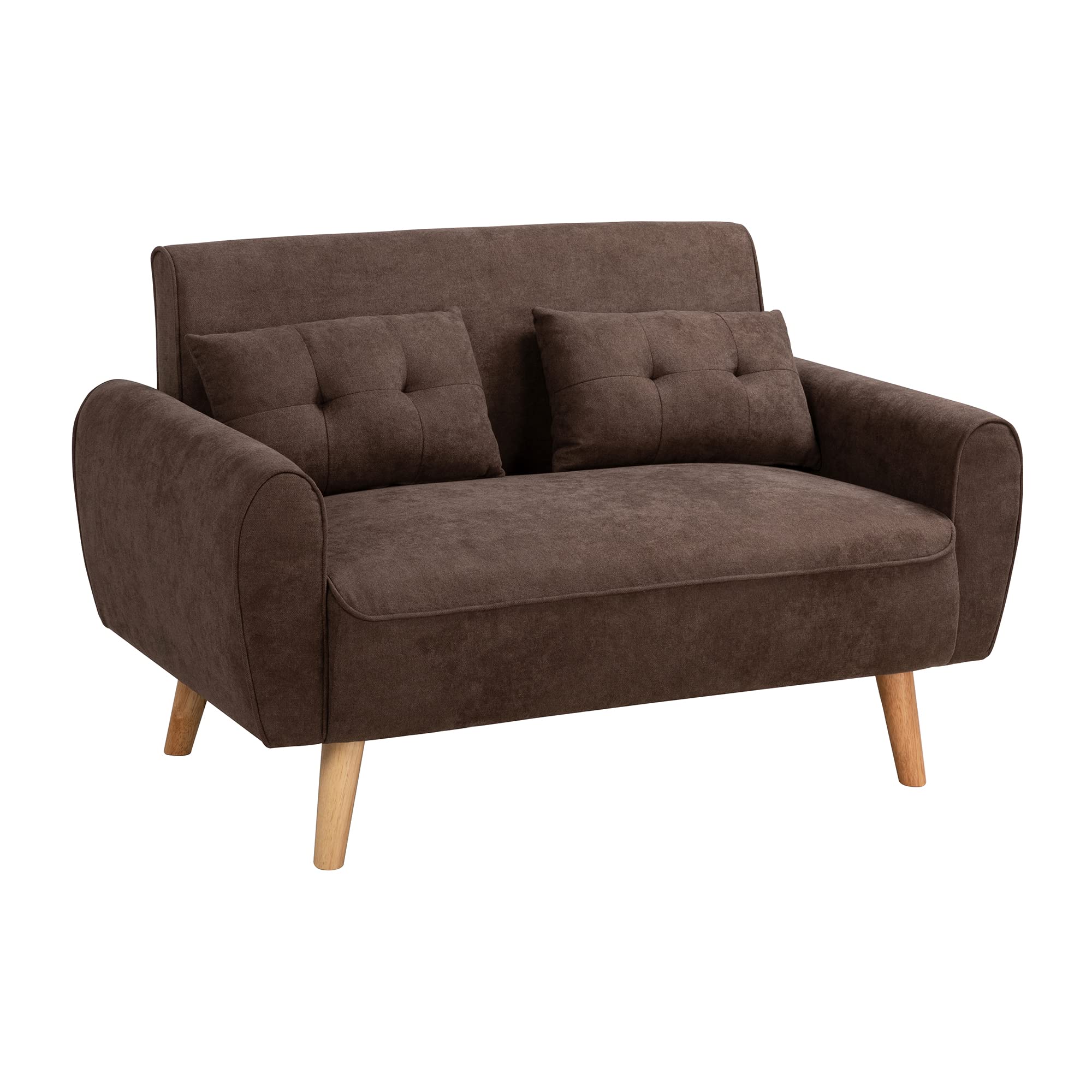 Small Modern Loveseat – Brown Mid-Century Fabric Couch with 2 Pillows for Living Room, Apartment or Studio