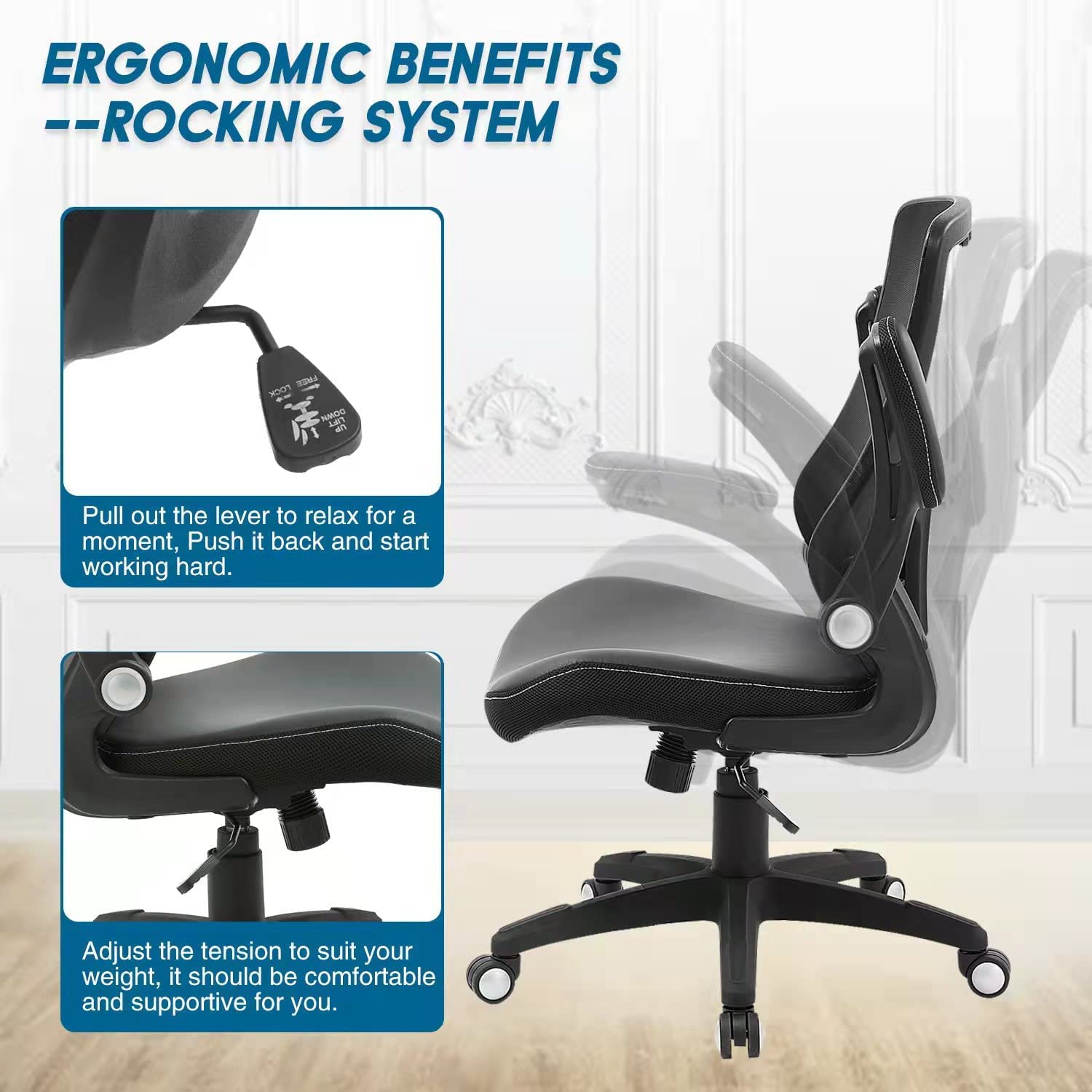 Ergonomic PU Leather Desk Chair, Mesh Back Computer Chair with Flip-Up Arms & Adjustable Lumbar Support
