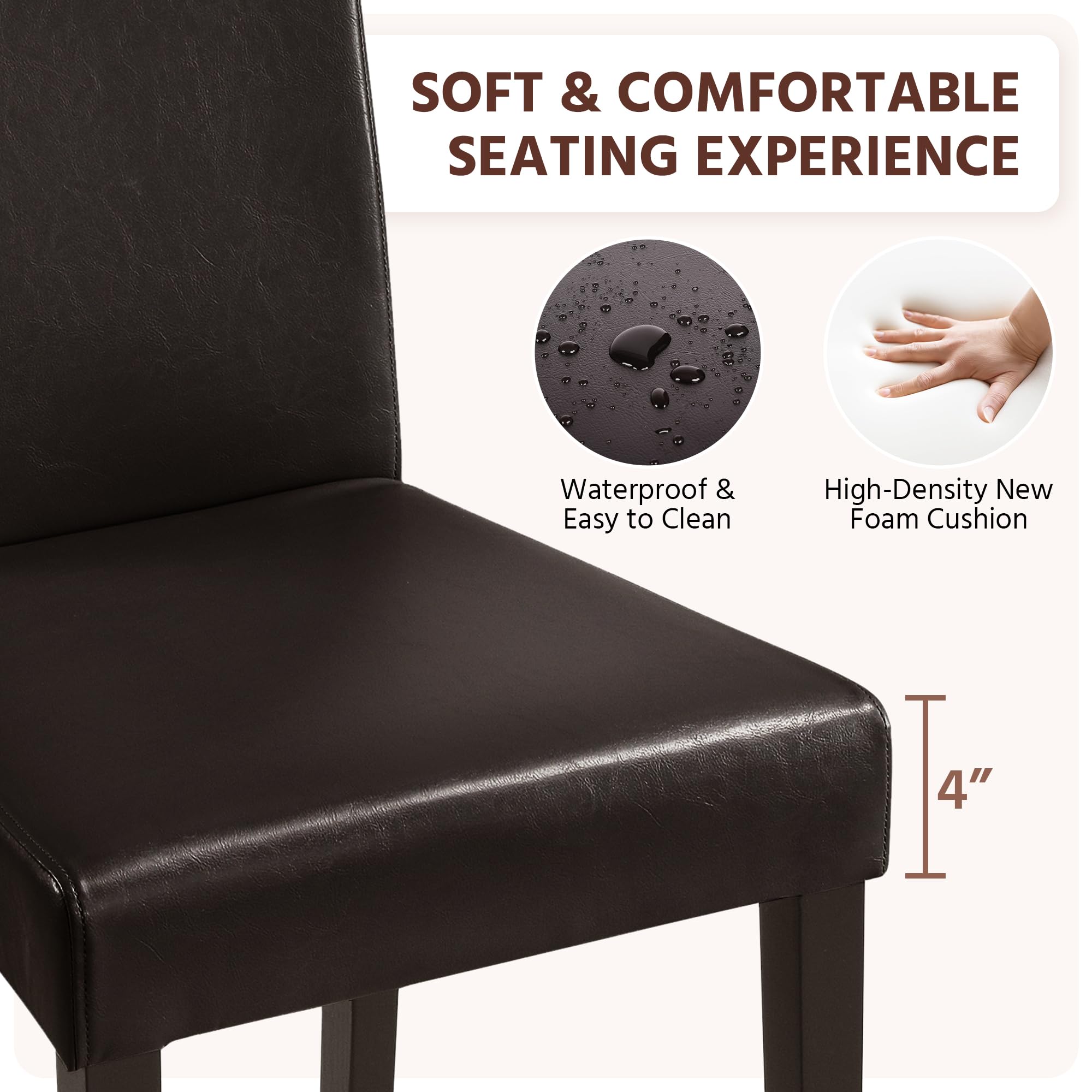 Set of 4 PU Leather Dining Chairs with Waterproof Surface & Wood Legs for Kitchen, Restaurant, Living Room