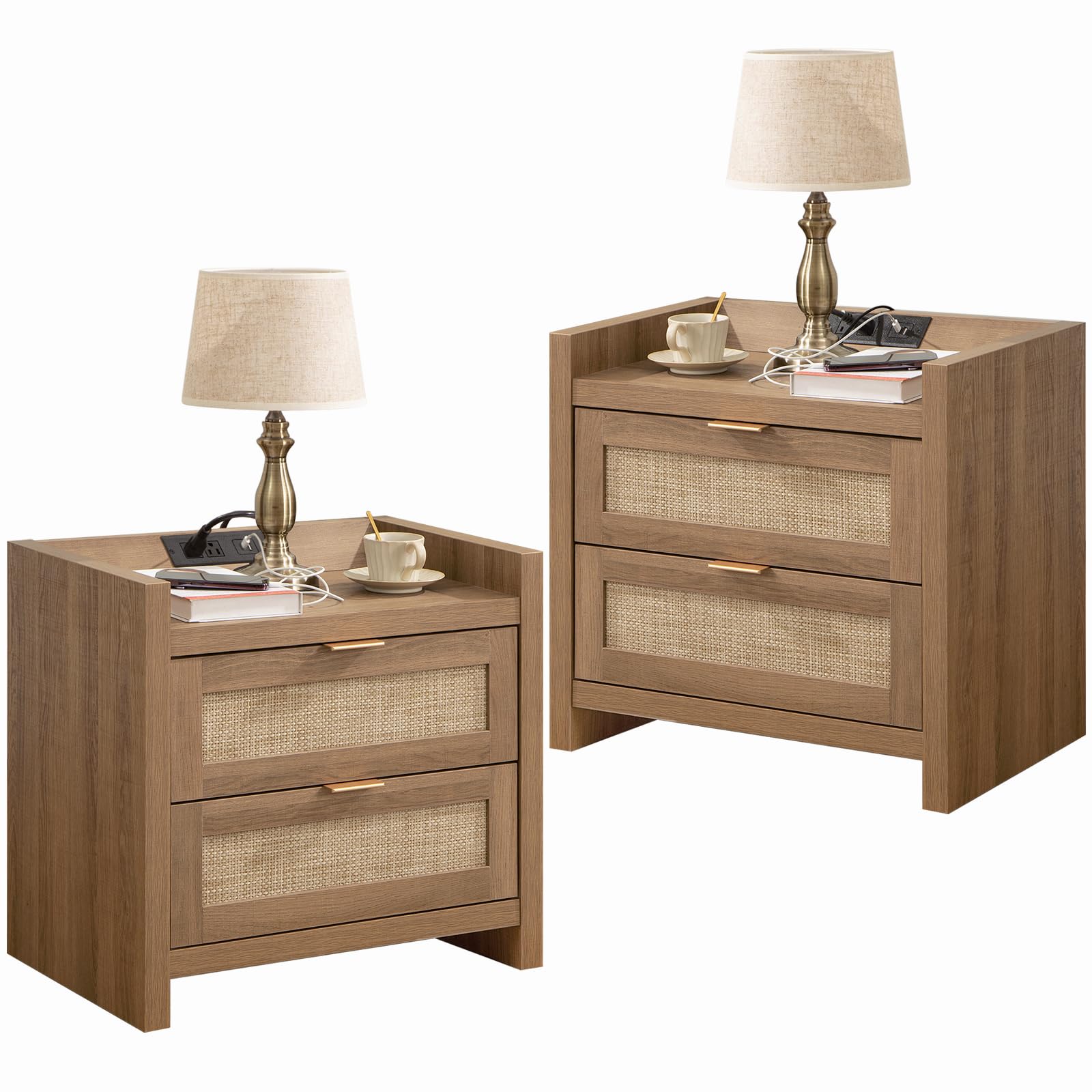 Natural Oak Rattan Nightstand Set of 2, Boho Bedside Tables with Type-C Charging Station & Storage