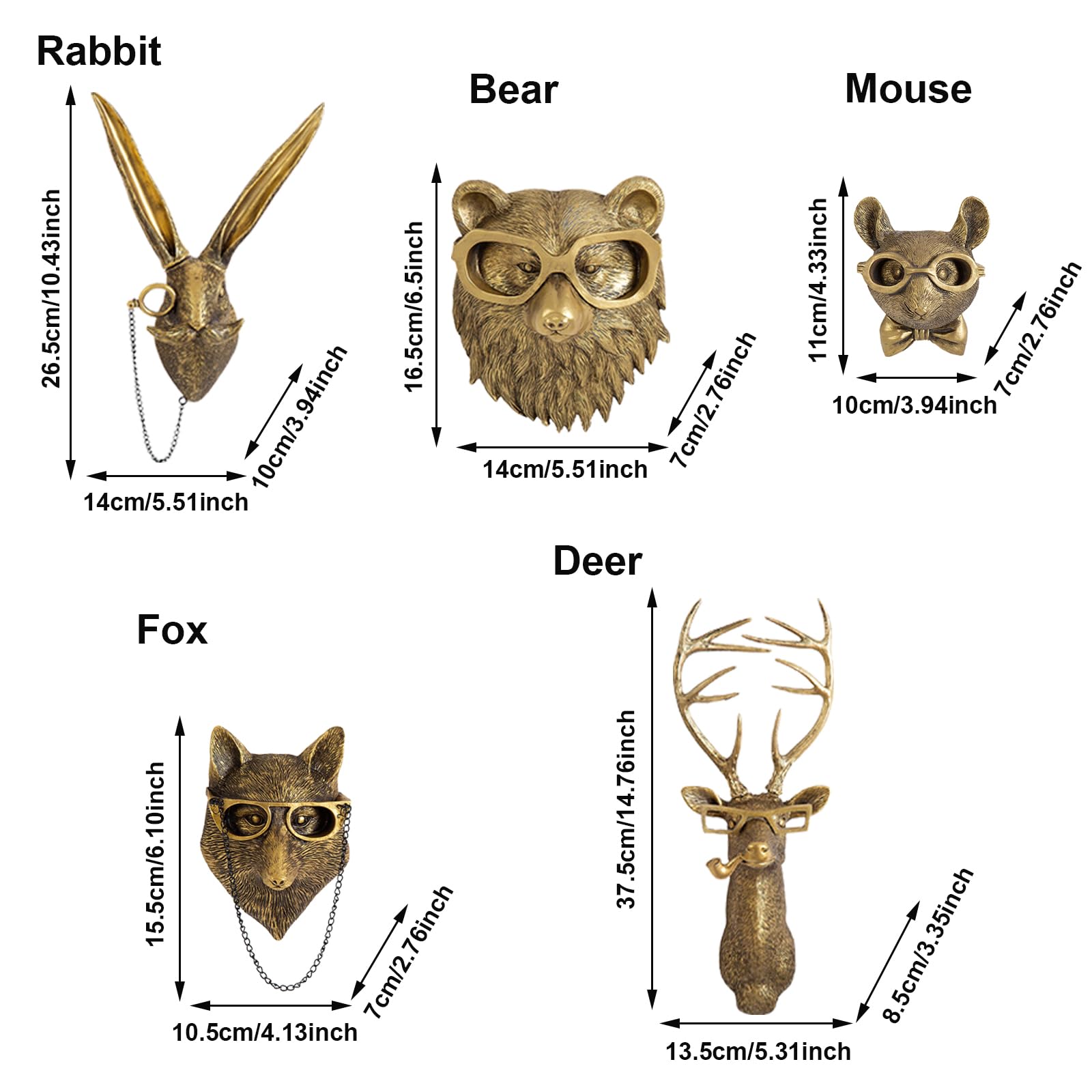 5-Piece Faux Animal Head Wall Décor – Resin Deer Head Sculptures for Living Room, Kitchen, Bedroom or Gift