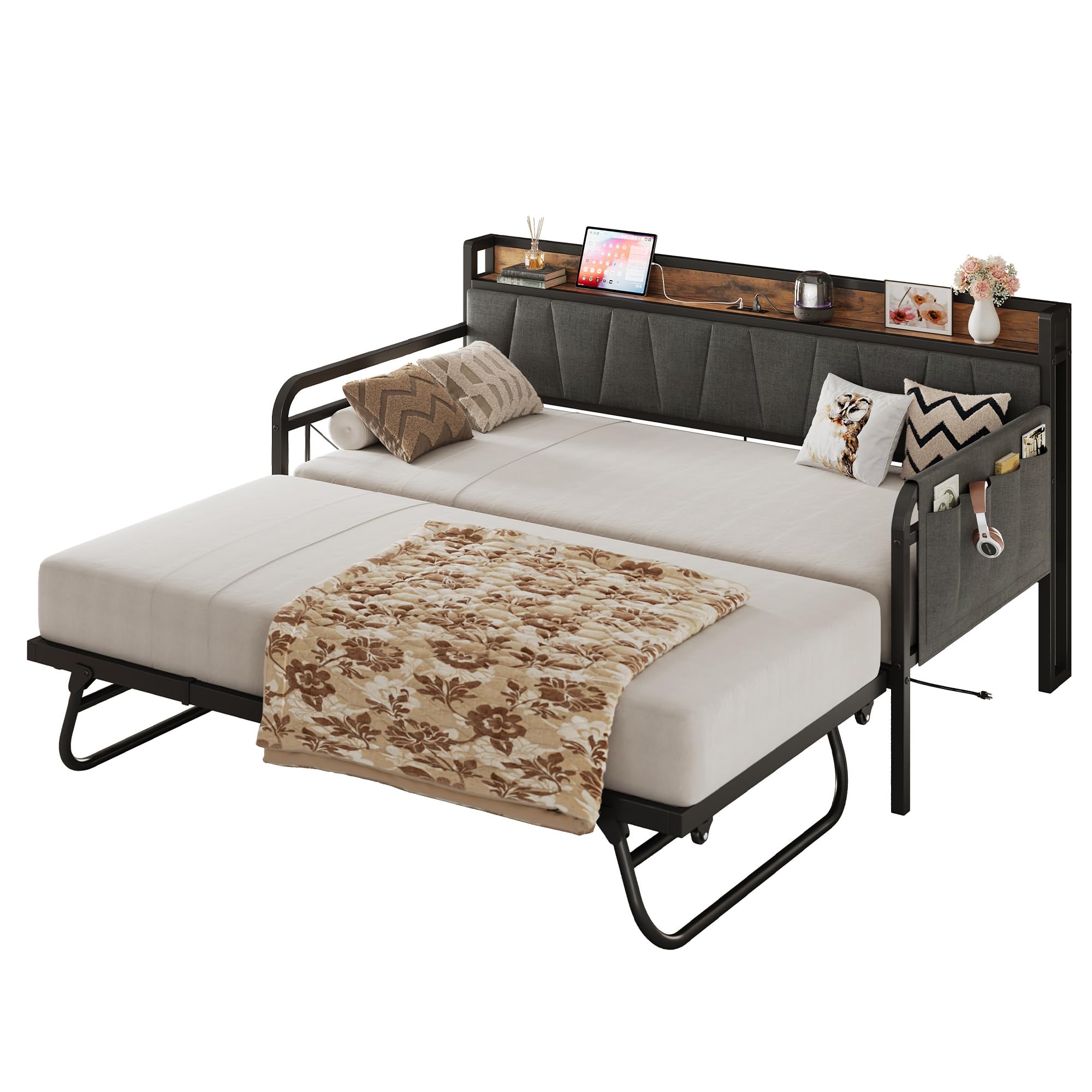 Grey Daybed with Trundle – Twin Sofa Bed with Storage Headboard & Charging Station for Bedroom or Guest Room