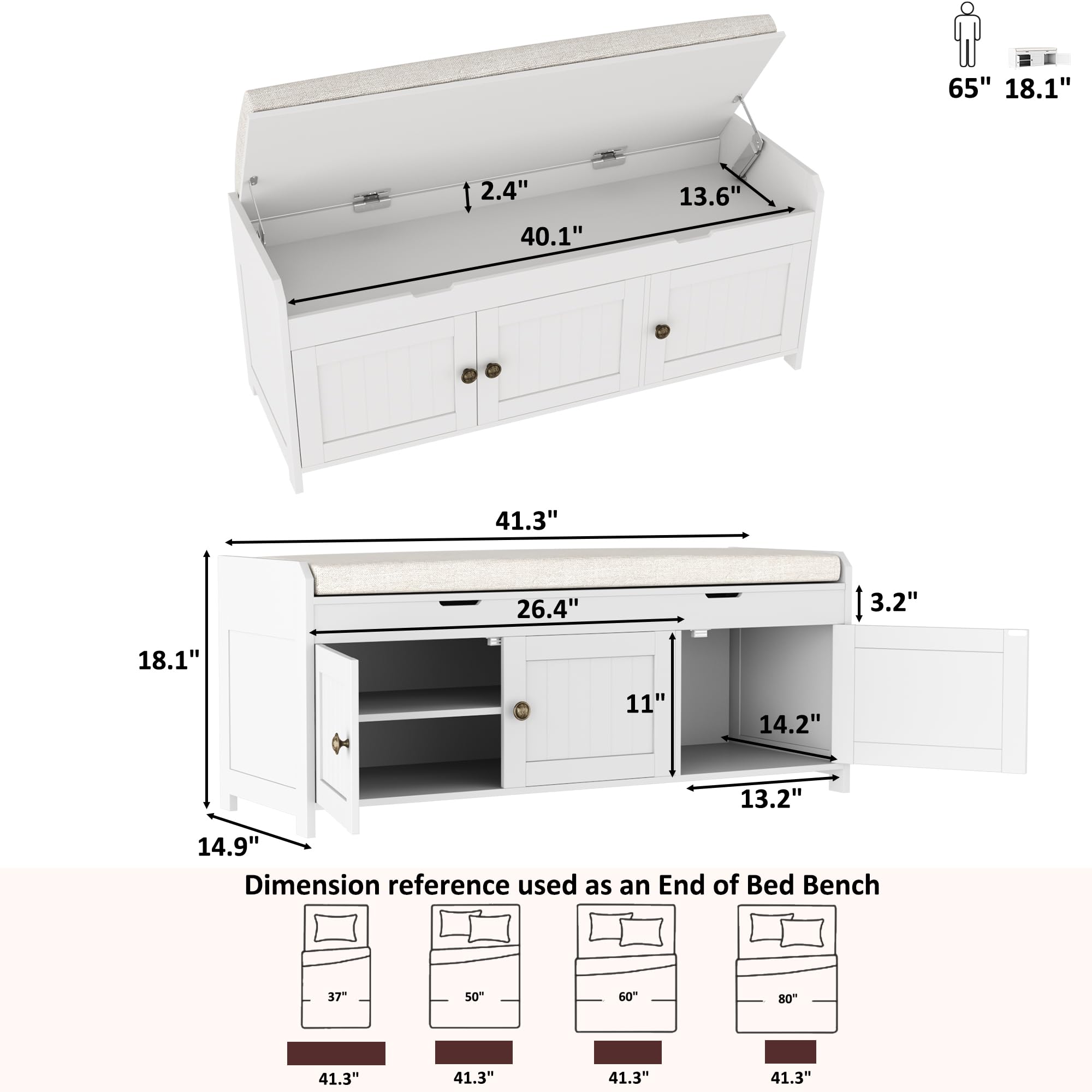 41.3" Entryway Shoe Bench with Cushioned Lift-Top Storage, Wooden Bed Bench Cabinet, White Finish