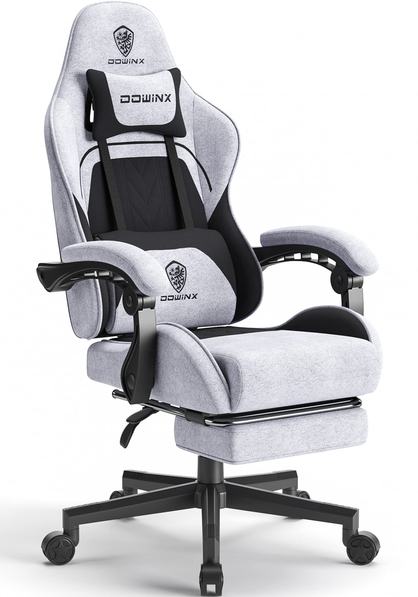 Gaming Chair with Pocket Spring Cushion, Massage & Footrest, Fabric Ergonomic Desk Chair, Black and Grey