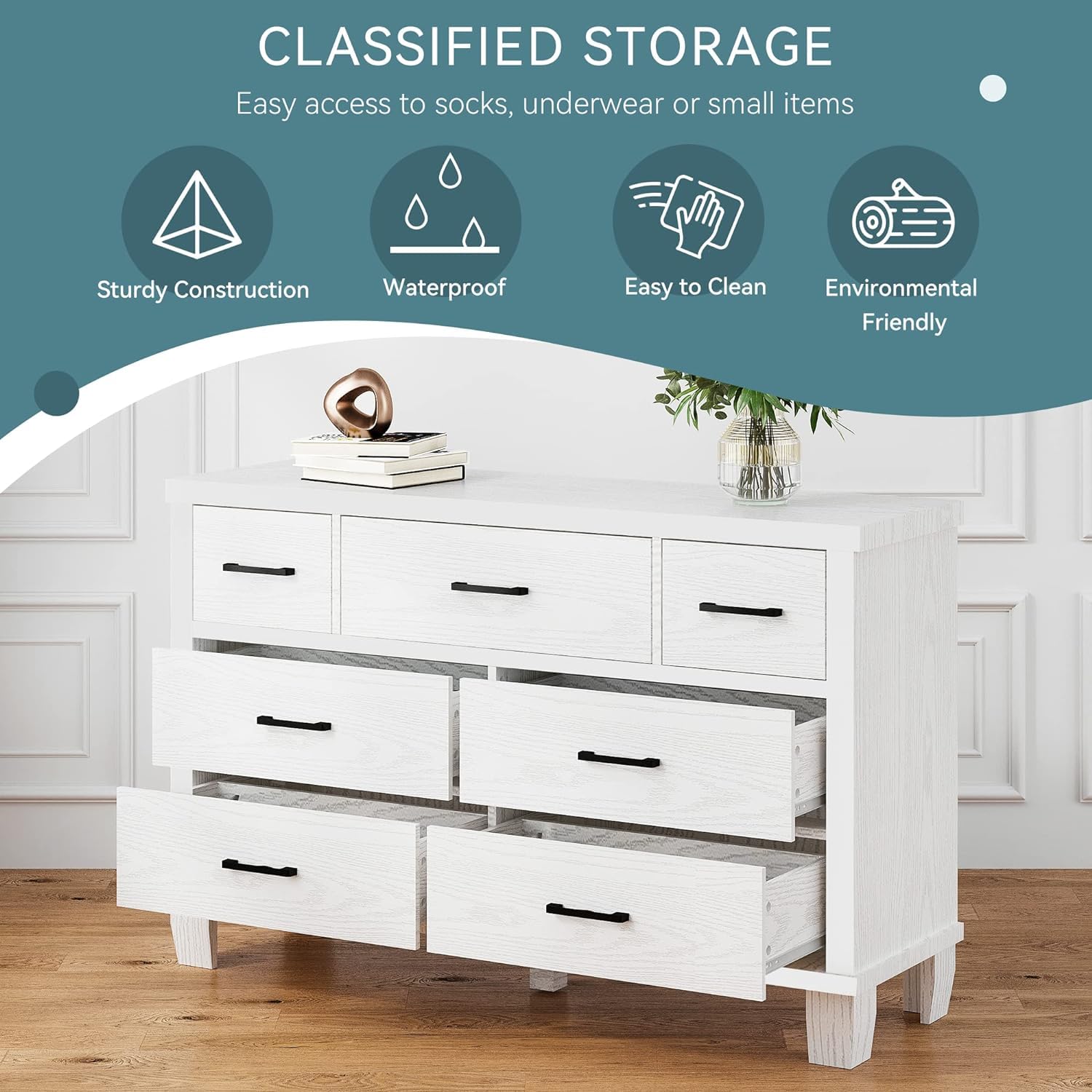 7-Drawer Dresser – White Wooden Chest with Metal Handles, Modern Bedroom Organizer for Living Room or Closet