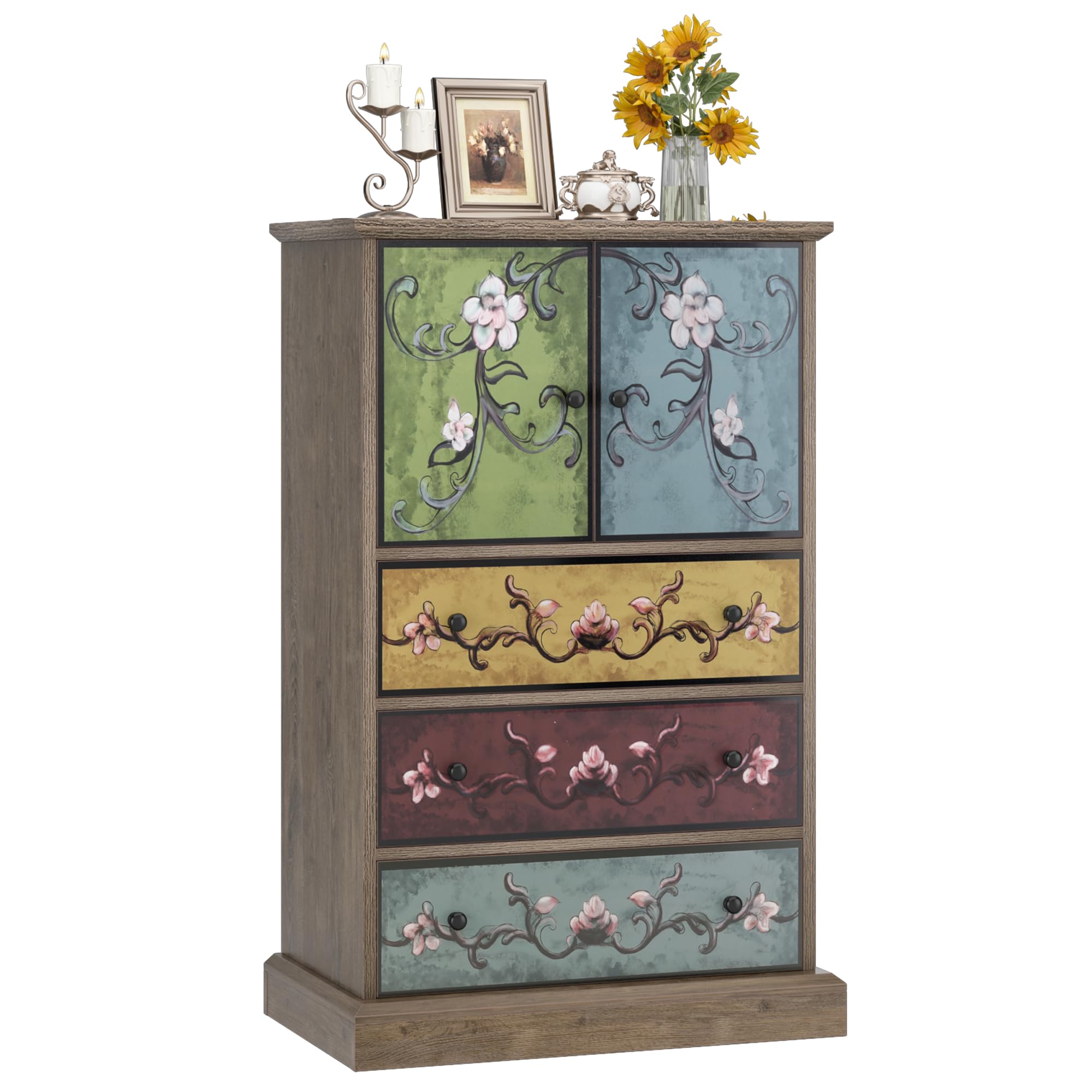 Tall Boho Wood Chest with Drawers & Doors, 42.3" Accent Dresser Cabinet for Office, Bedroom, Living Room