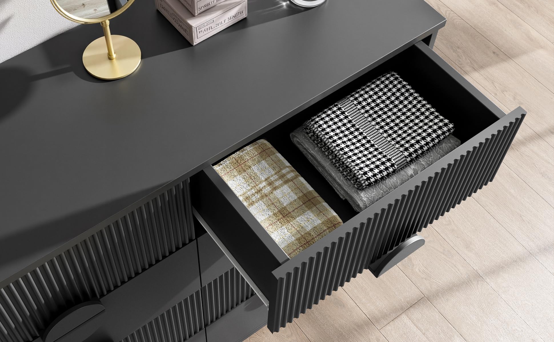 50" Fluted Black Dresser – Modern 8-Drawer Bedroom Chest with Curved Profile, Round Handles & Raised H-Legs