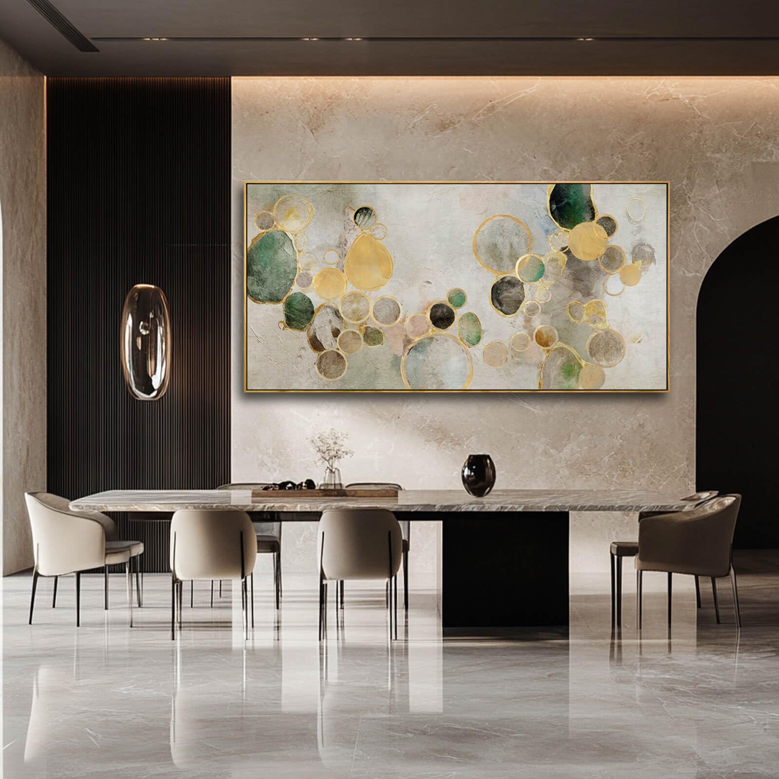 Large Abstract Wall Art – 29"x58" Gold Circle & Green Canvas Print for Living Room, Office or Bedroom Walls