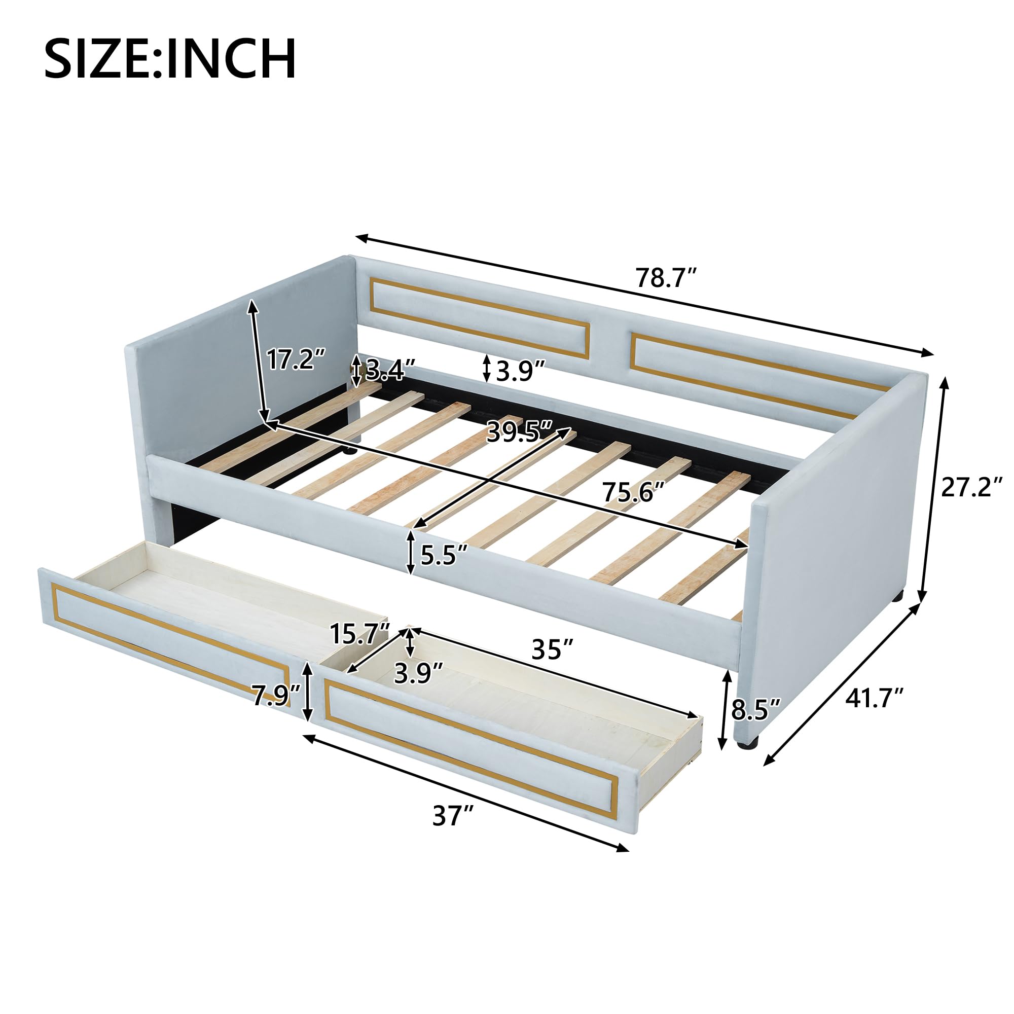 Upholstered Twin Daybed – Blue Trundle Bed with Metal Border, Storage Drawers, Wood Slats, No Box Spring Needed