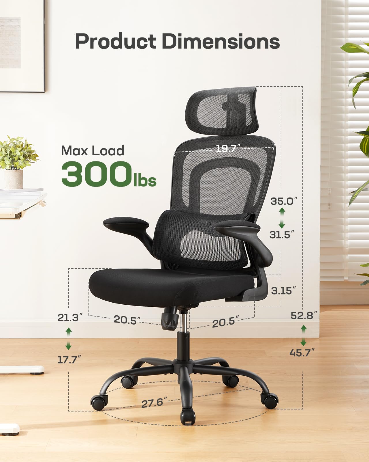 FURNIXI High Back Office Chair with Adjustable Lumbar, 2D Headrest & Flip-Up Arms, Ergonomic Mesh Gaming Chair, Black
