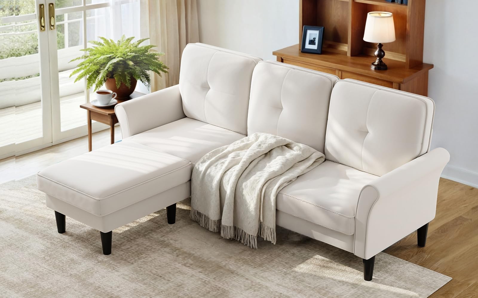83" Beige Velvet Sectional Couch with Ottoman, L-Shaped 3-Seater Sofa for Living Room, Apartment, Office, Small Spaces