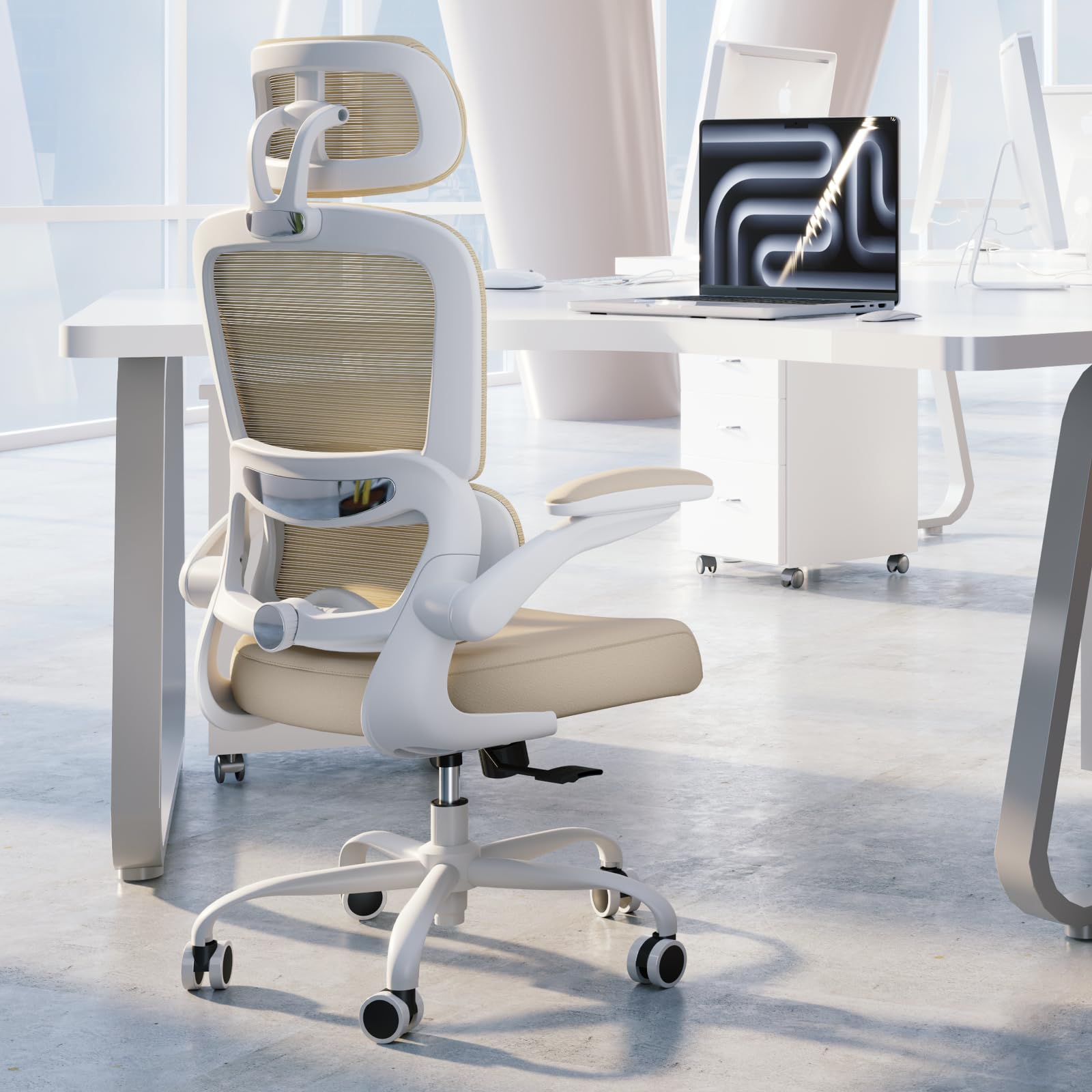 330 LBS Ergonomic Mesh Office Chair, High-Back Desk Chair with Wheels for Long Hours Work, Beige