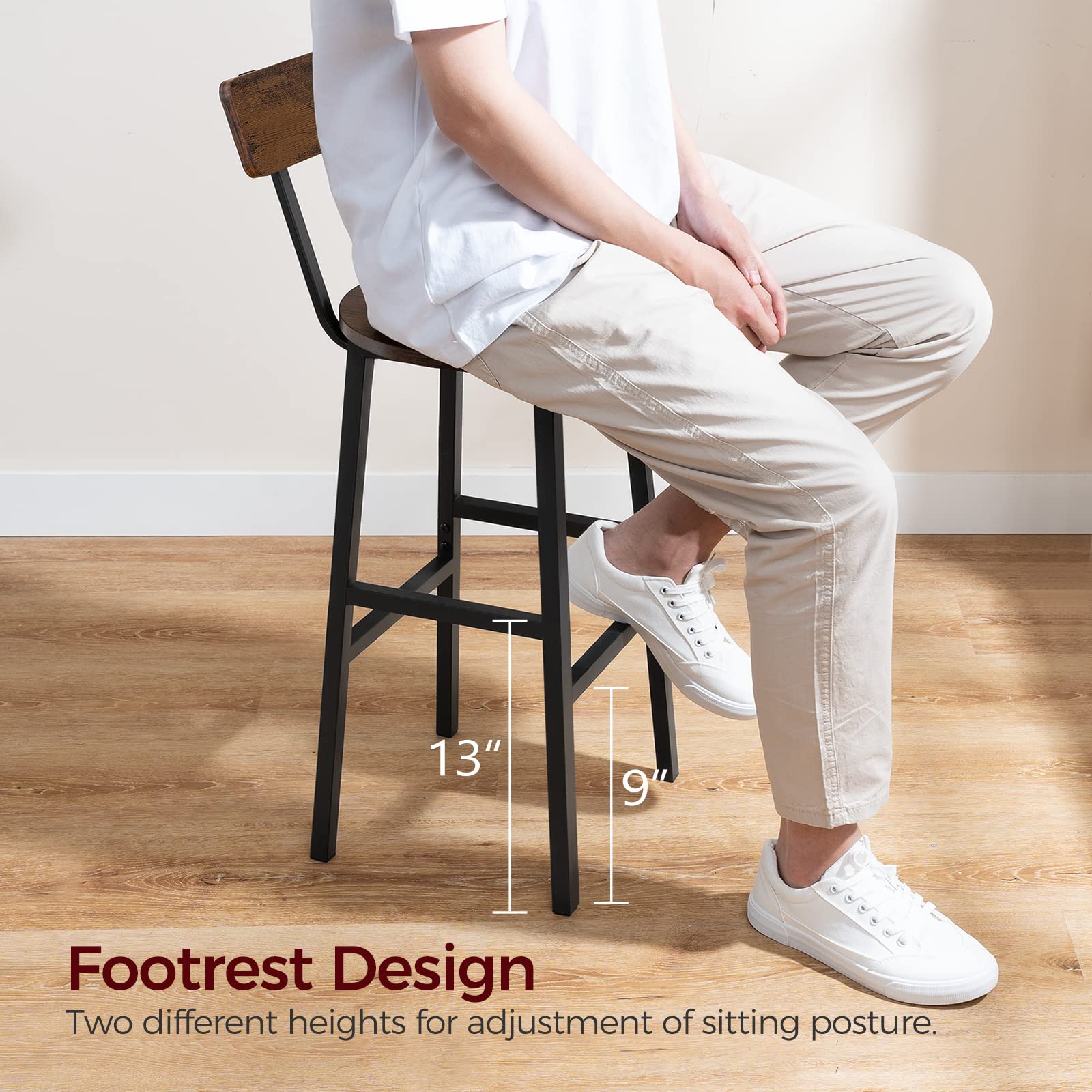 Bar Stools Set of 2, 24.4" Round Bar Chairs with Backrest & Footrest, Adjustable Feet, Rustic Brown for Kitchen, Living Room, Pub