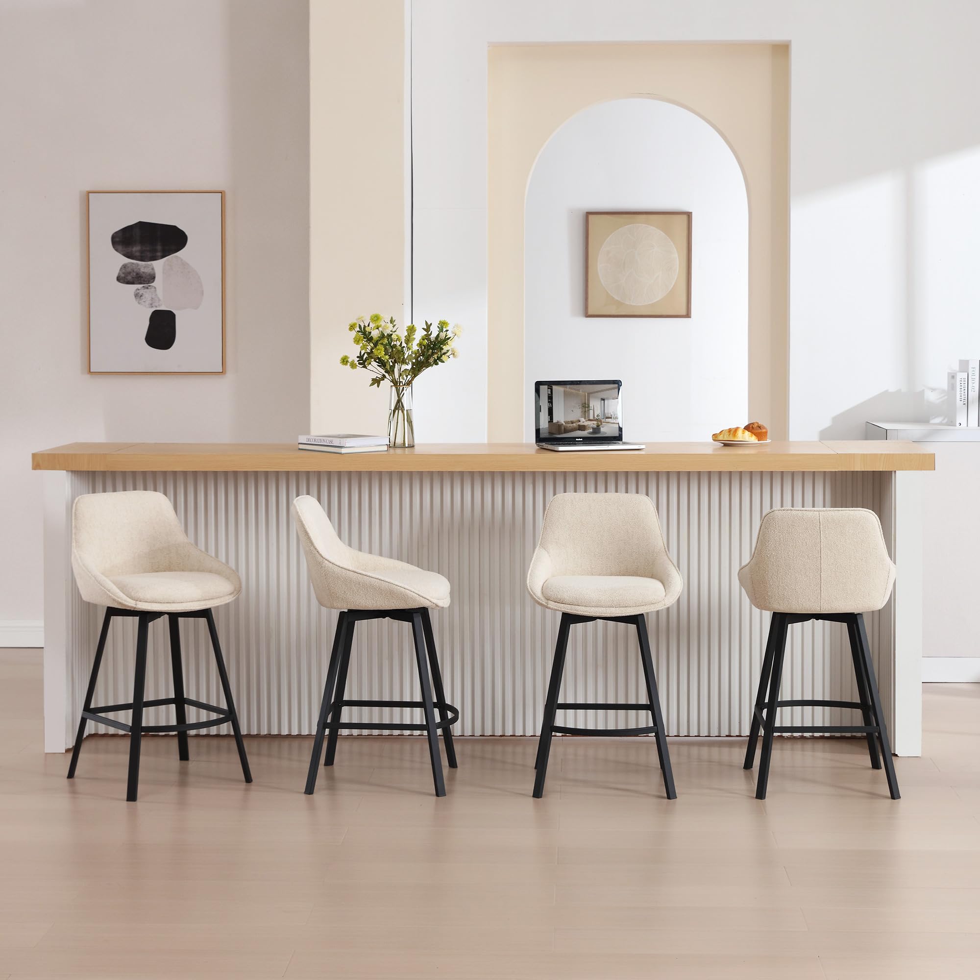 Swivel Bar Stools Set of 3, Modern 26'' Upholstered Counter Height Barstools with Backs and Metal Legs for Kitchen Island, Beige