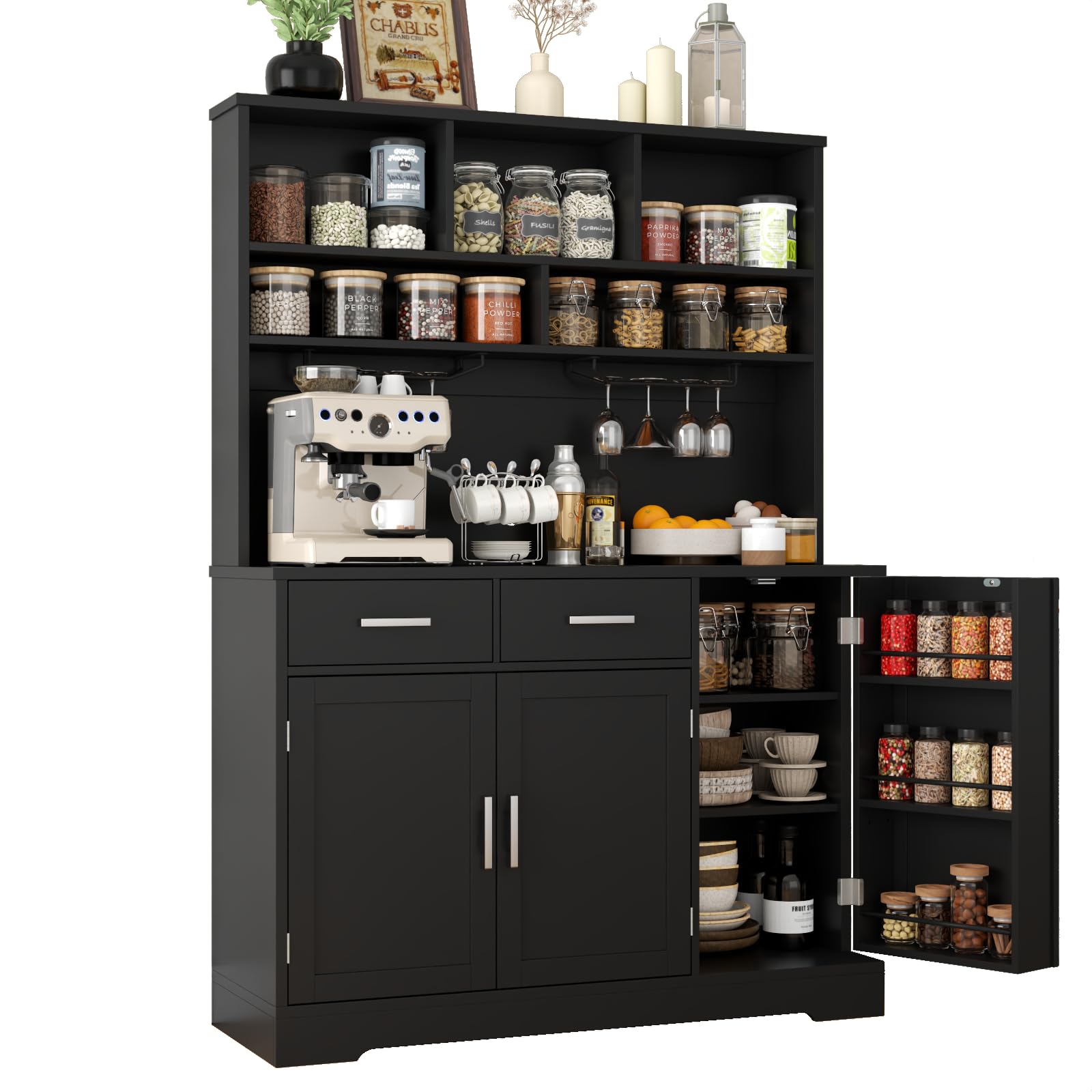 FURNIXI Pantry Storage Cabinet with Drawers, Black Tall Hutch with Microwave Shelf, Goblet Holders, Adjustable Shelves for Kitchen