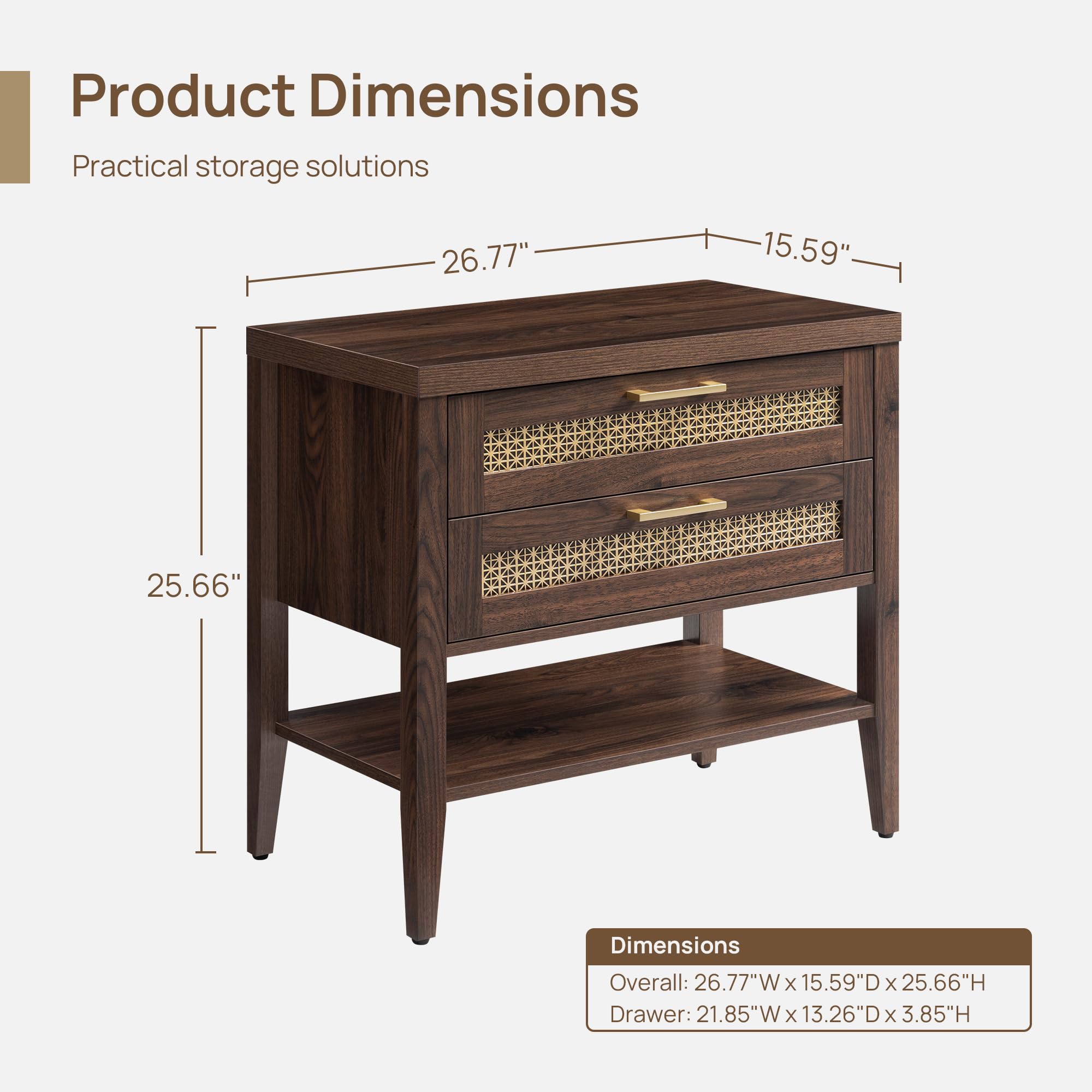 Set of 2 Large Nightstands with Drawers & Shelf, 25.7" Tall Mid-Century Bedside Tables for Bedroom, Walnut