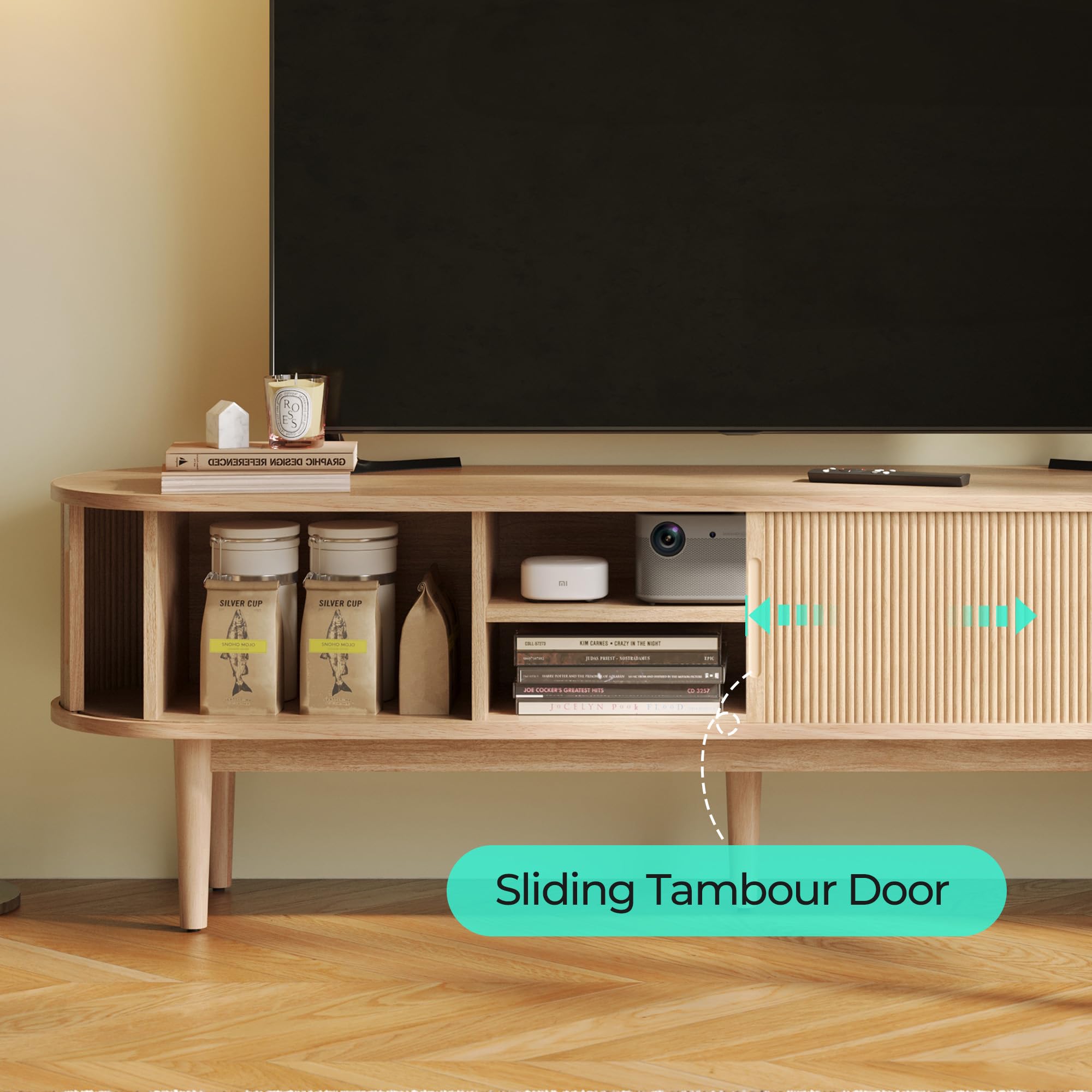 Fluted 70" TV Stand – Mid-Century Modern Entertainment Console with Sliding Tambour Door, Oak Finish