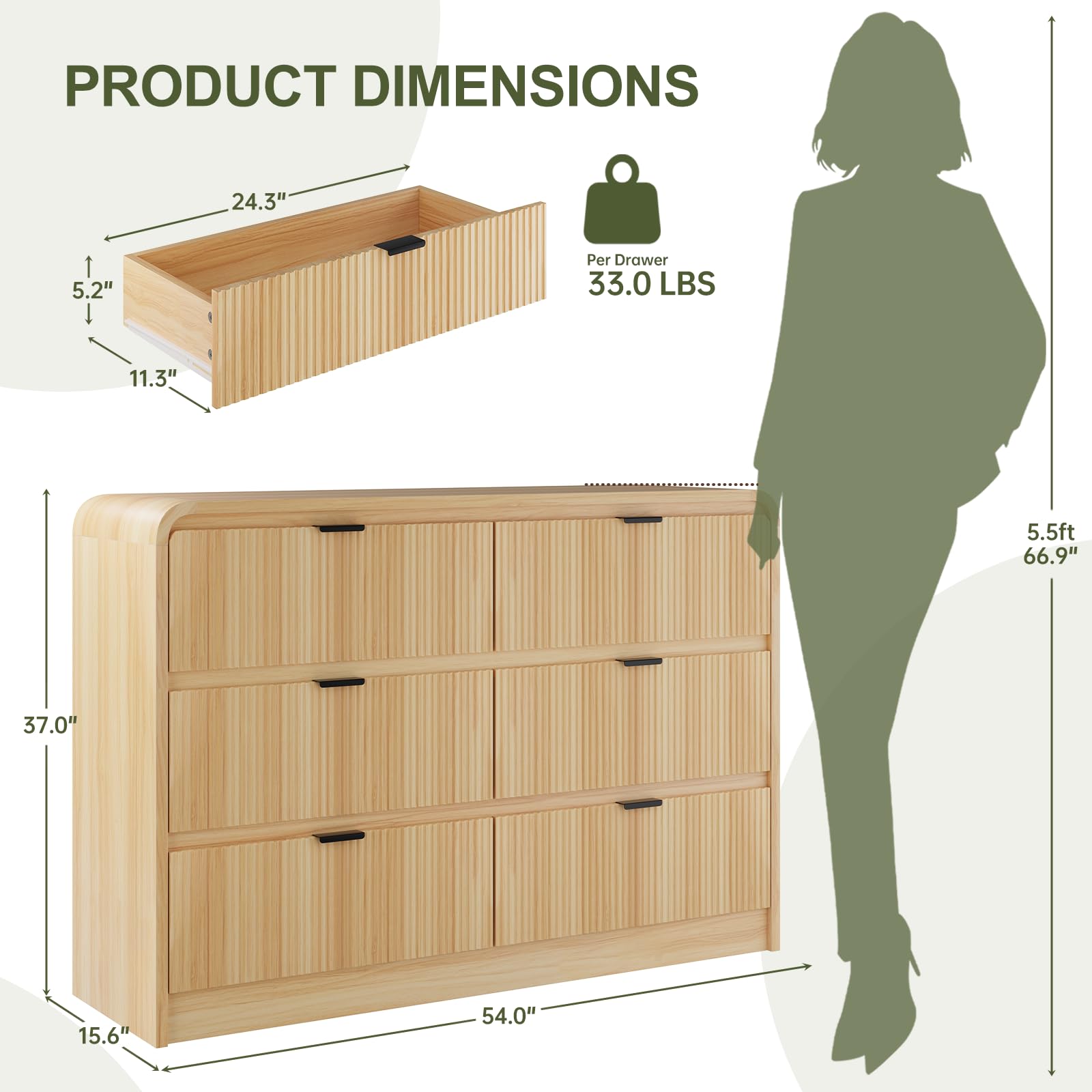 Fluted 6-Drawer Dresser – 54" Wide Oak Storage Chest with Curved Design & Metal Handles for Bedroom or Hallway