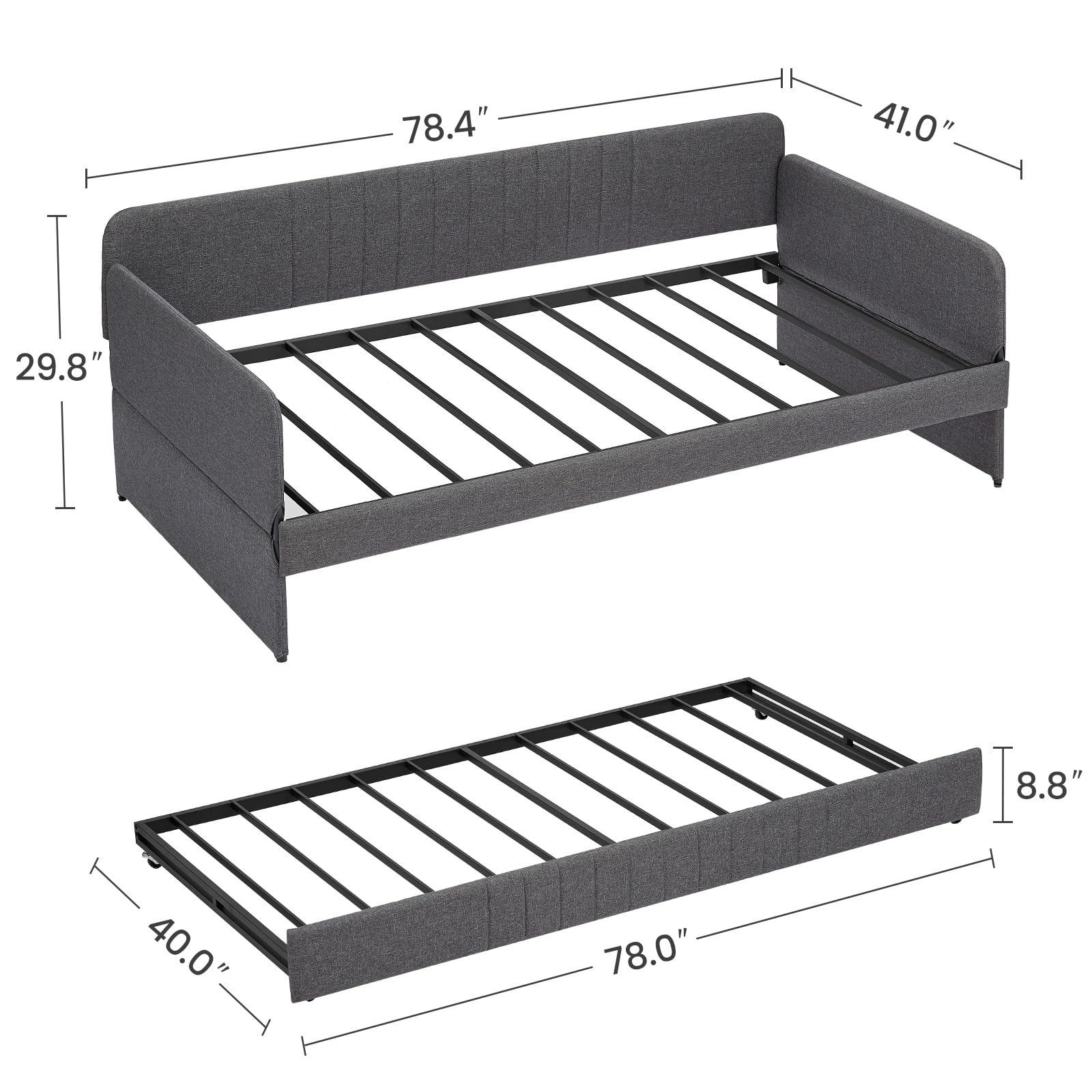 Twin Daybed with Trundle – Grey Linen Upholstered Frame with Armrest, Twin Size Day Bed with No Box Spring Needed