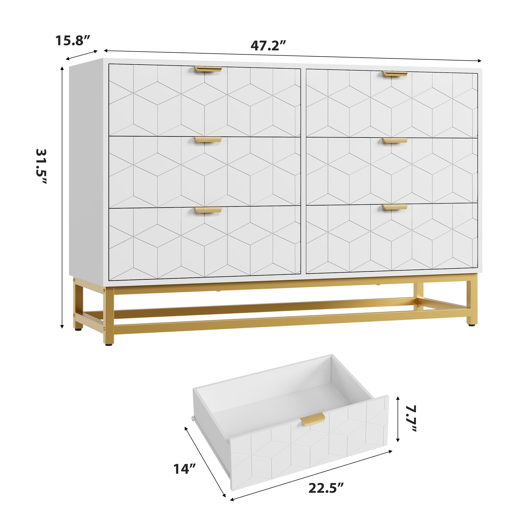 White 6-Drawer Dresser – Modern Double Chest with Gold Handles, Long Organizer for Living Room, Closet or Entryway