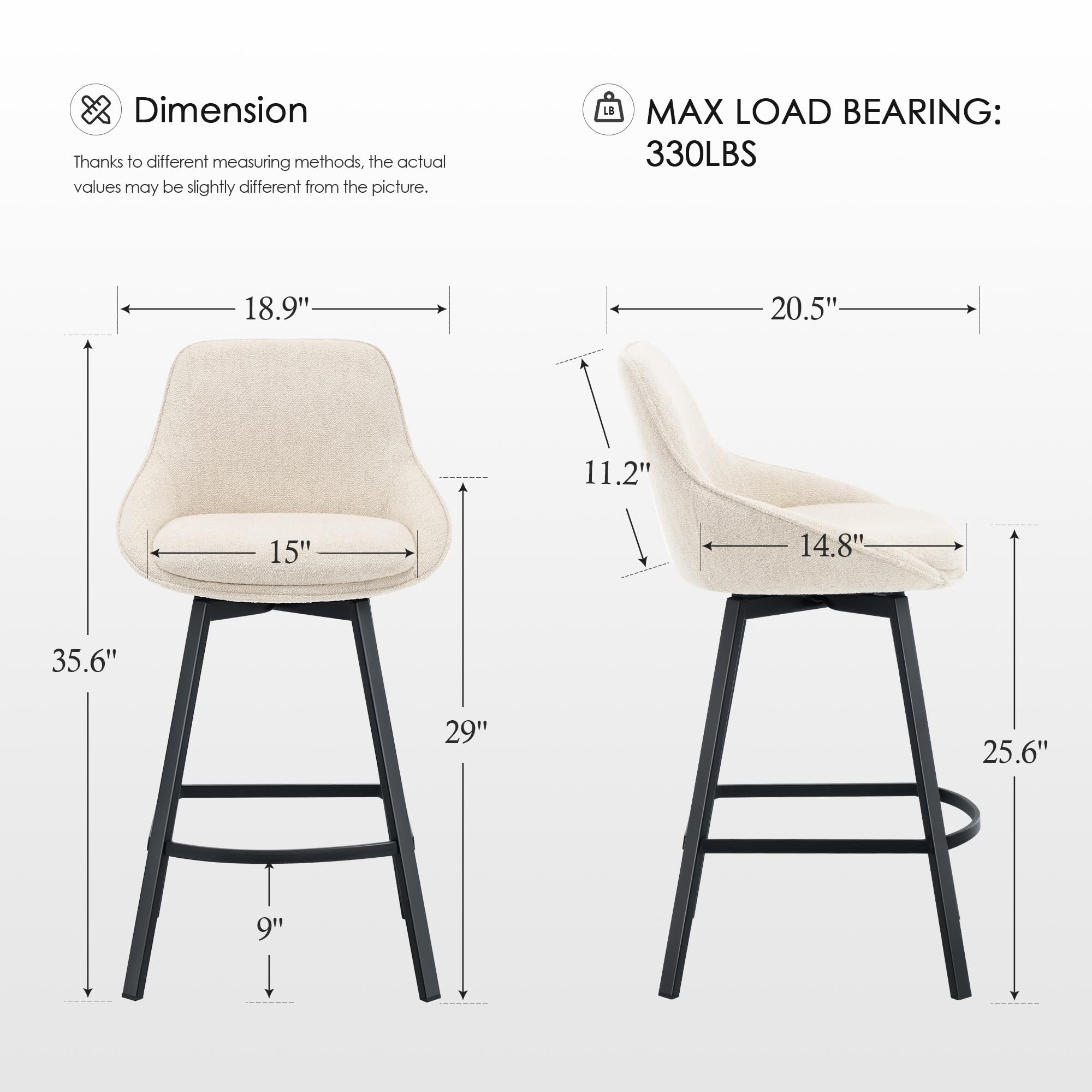 Swivel Bar Stools Set of 3, Modern 26'' Upholstered Counter Height Barstools with Backs and Metal Legs for Kitchen Island, Beige