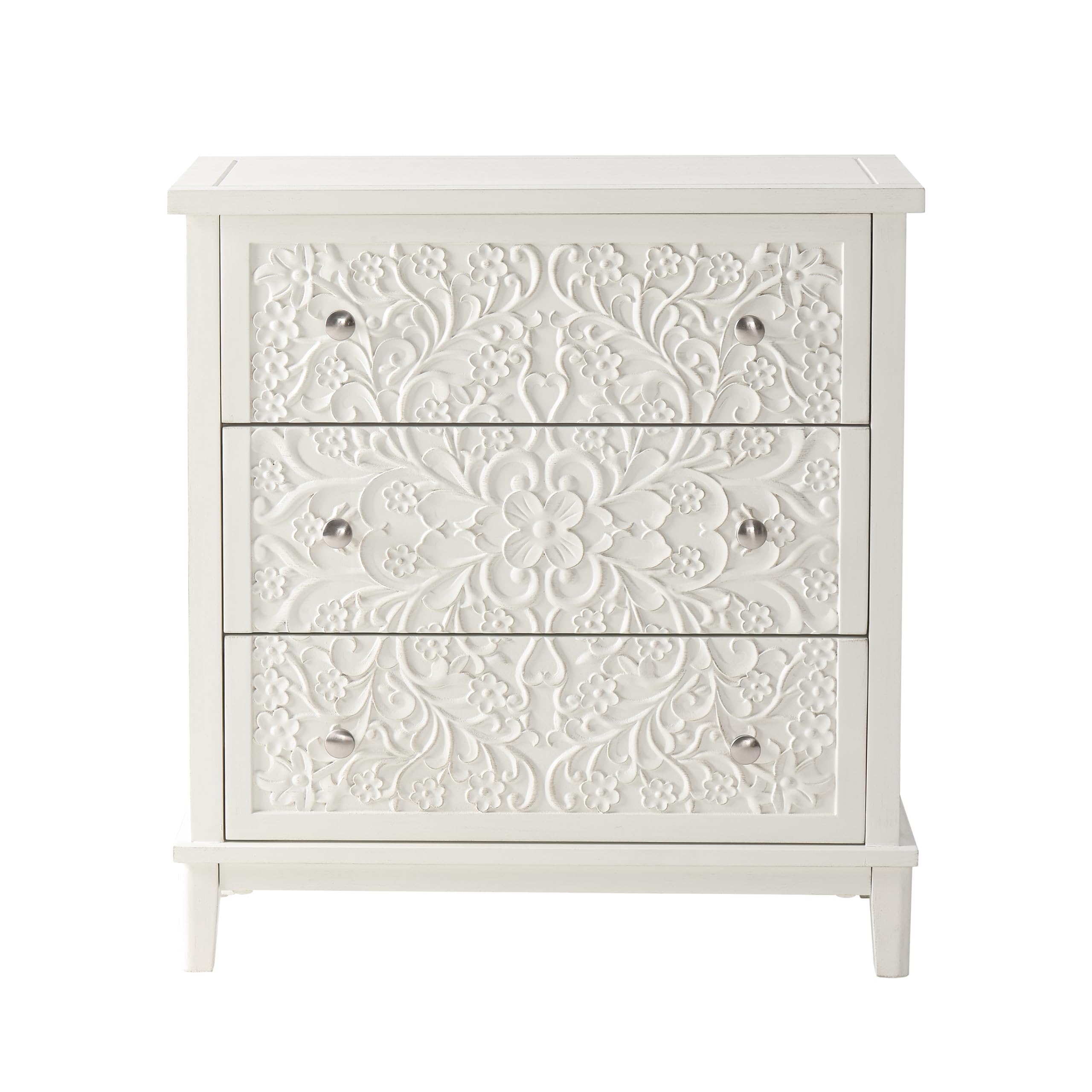 Fully-Assembled 3-Drawer White-Washed Dresser with Flower Motif, Rustic French Country Accent Chest for Bedroom, Hallway