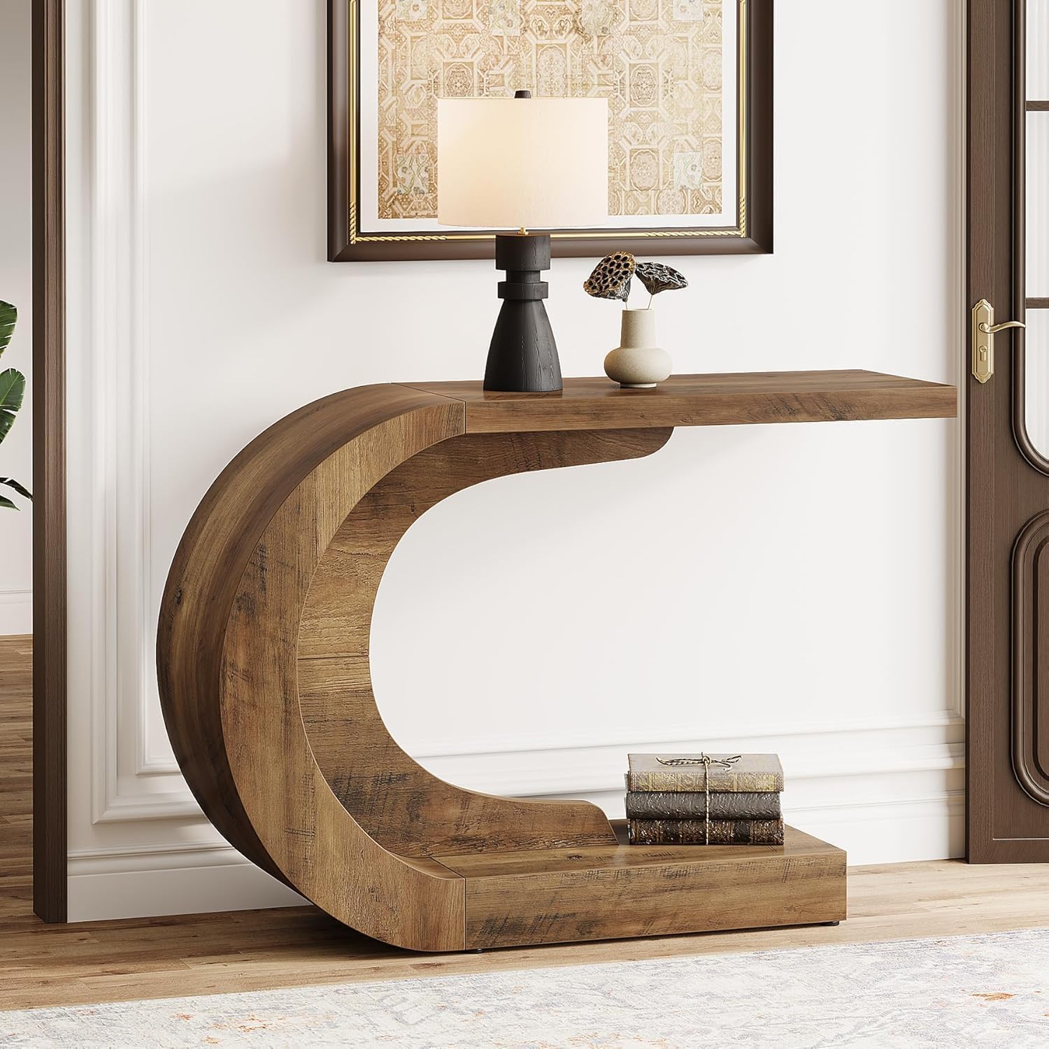 43.3" Mid-Century Modern Entryway Console Table, Wooden C-Shape Accent Table for Living Room, Hallway, Foyer