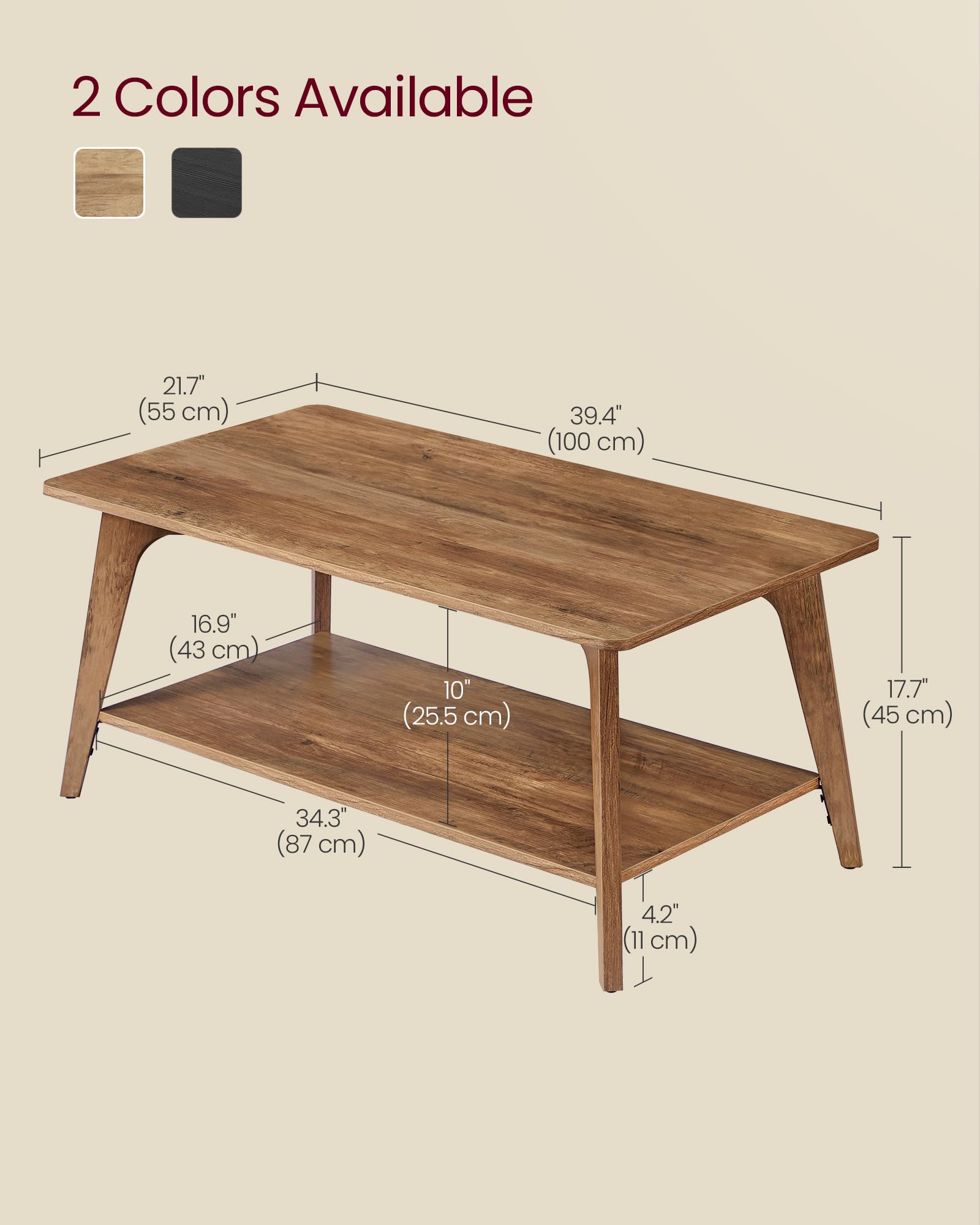 Honey Brown Coffee Table, 2-Tier Living Room Table with Storage & Rounded Corners, Easy Assembly, ULCT249K01