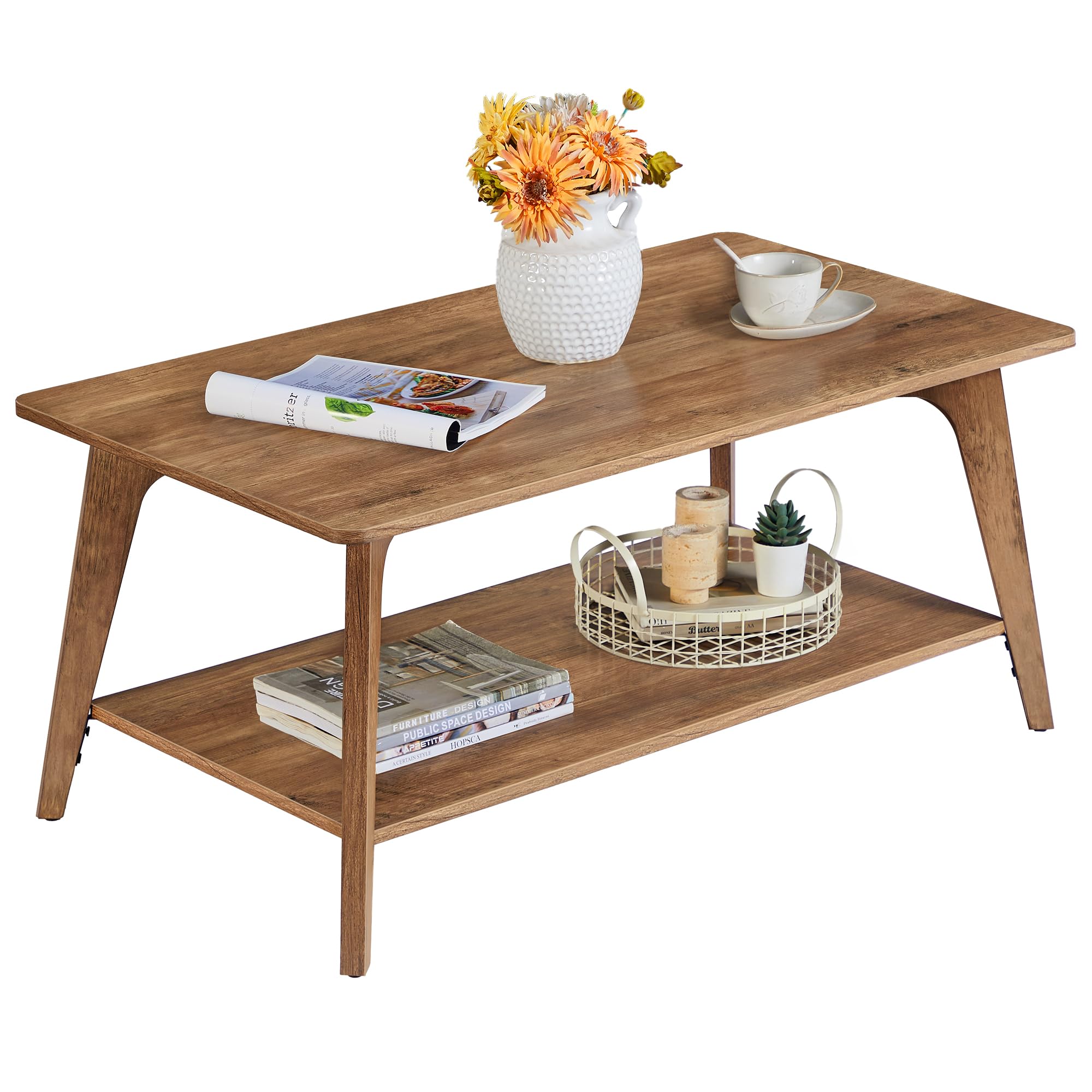 Honey Brown Coffee Table, 2-Tier Living Room Table with Storage & Rounded Corners, Easy Assembly, ULCT249K01