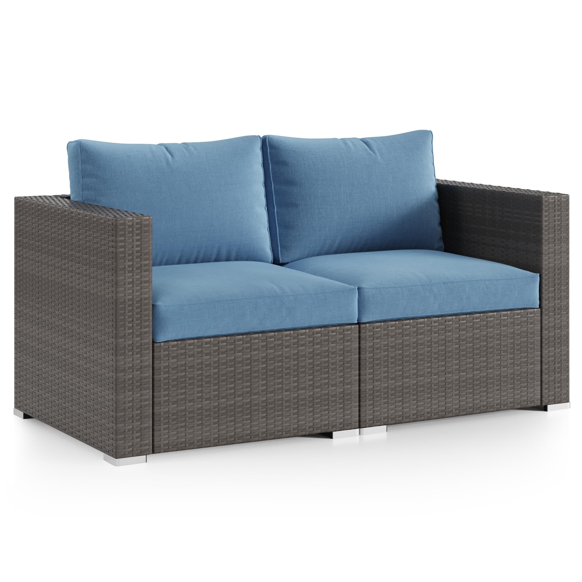 Outdoor 2-Piece Wicker Loveseat Set with Cushions, Sectional Patio Corner Sofa for Garden, Blue