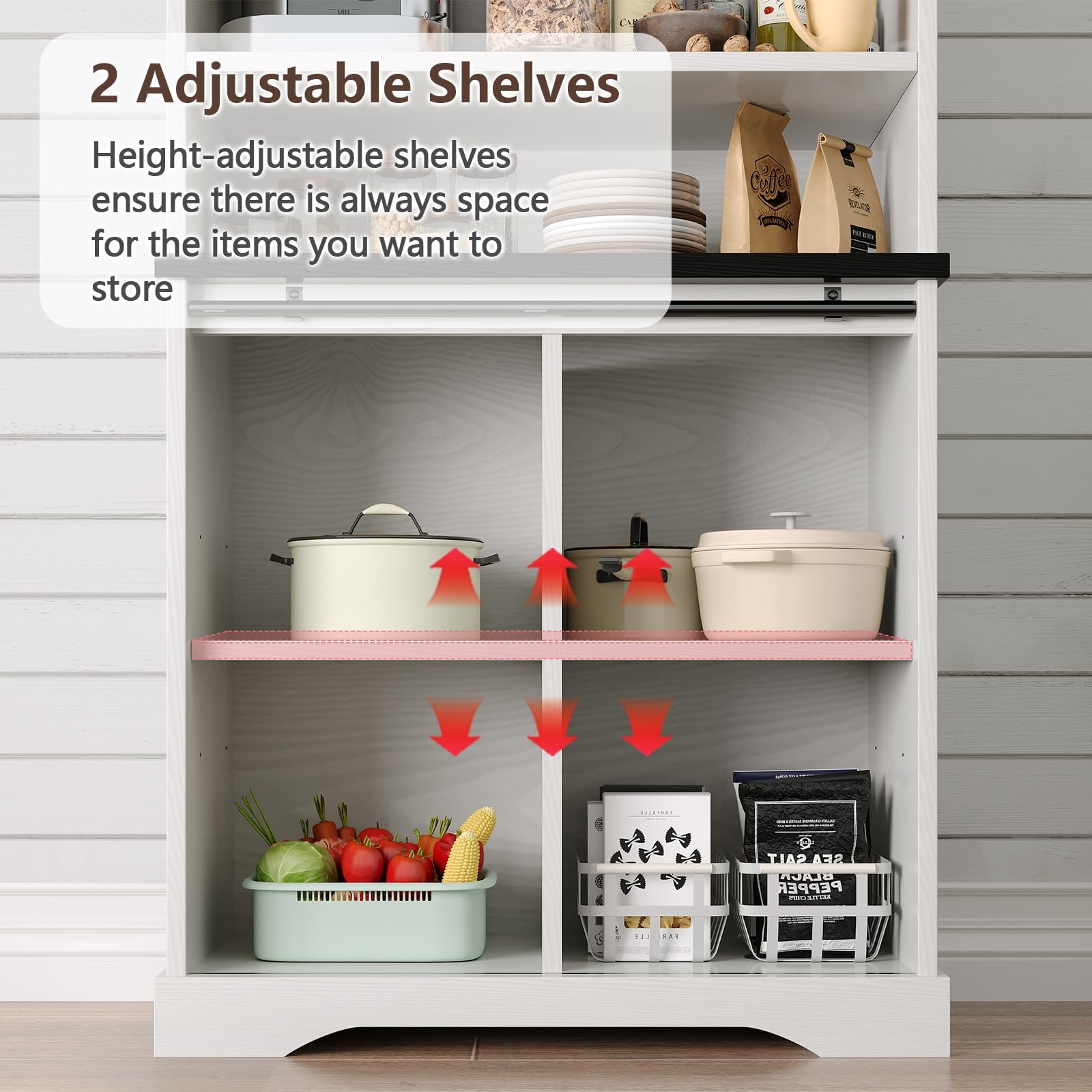Farmhouse Coffee Bar Cabinet with Hutch, 70" White Buffet Cabinet with 3 Tier Shelves & Sliding Barn Door for Dining Room