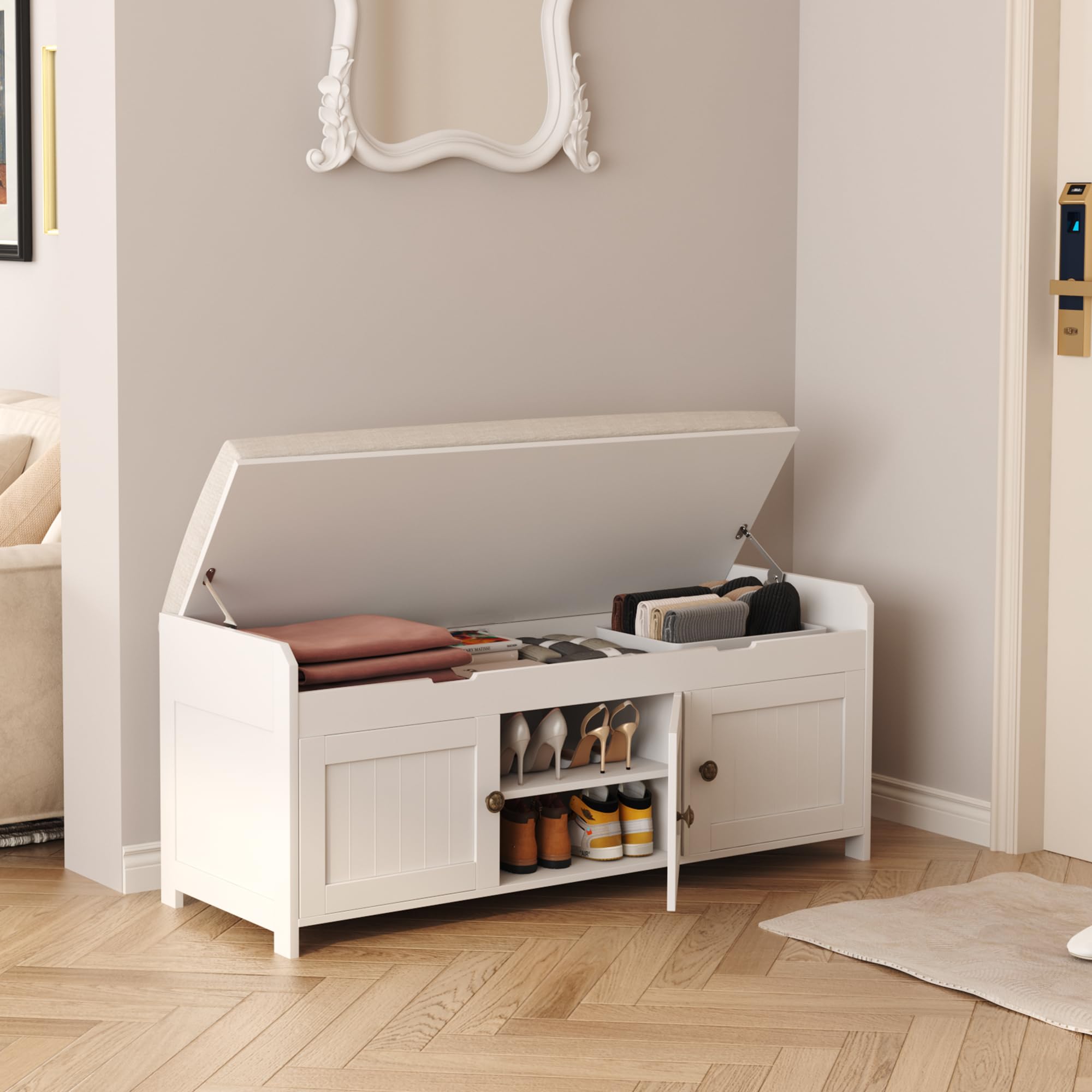 41.3" Entryway Shoe Bench with Cushioned Lift-Top Storage, Wooden Bed Bench Cabinet, White Finish