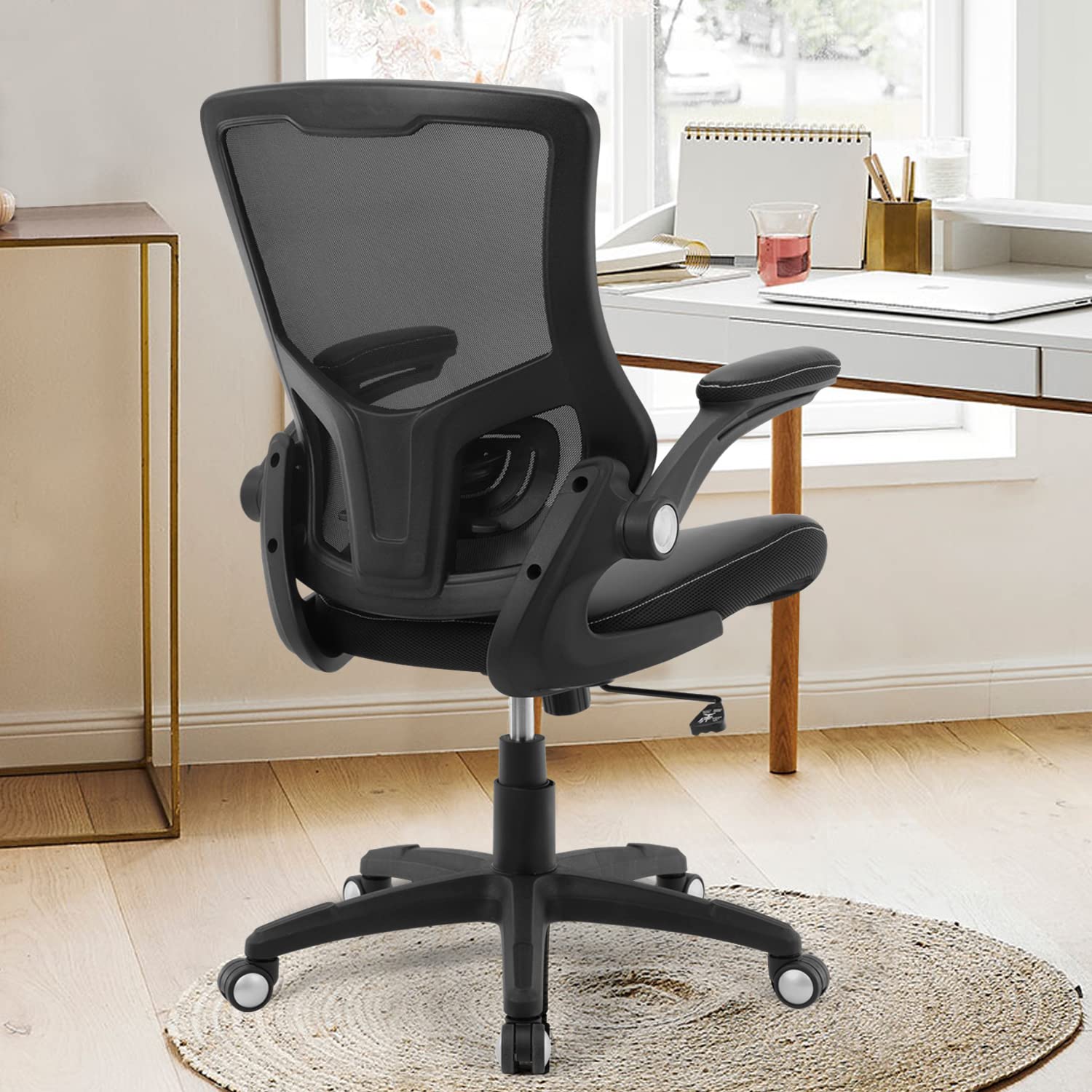 Ergonomic PU Leather Desk Chair, Mesh Back Computer Chair with Flip-Up Arms & Adjustable Lumbar Support