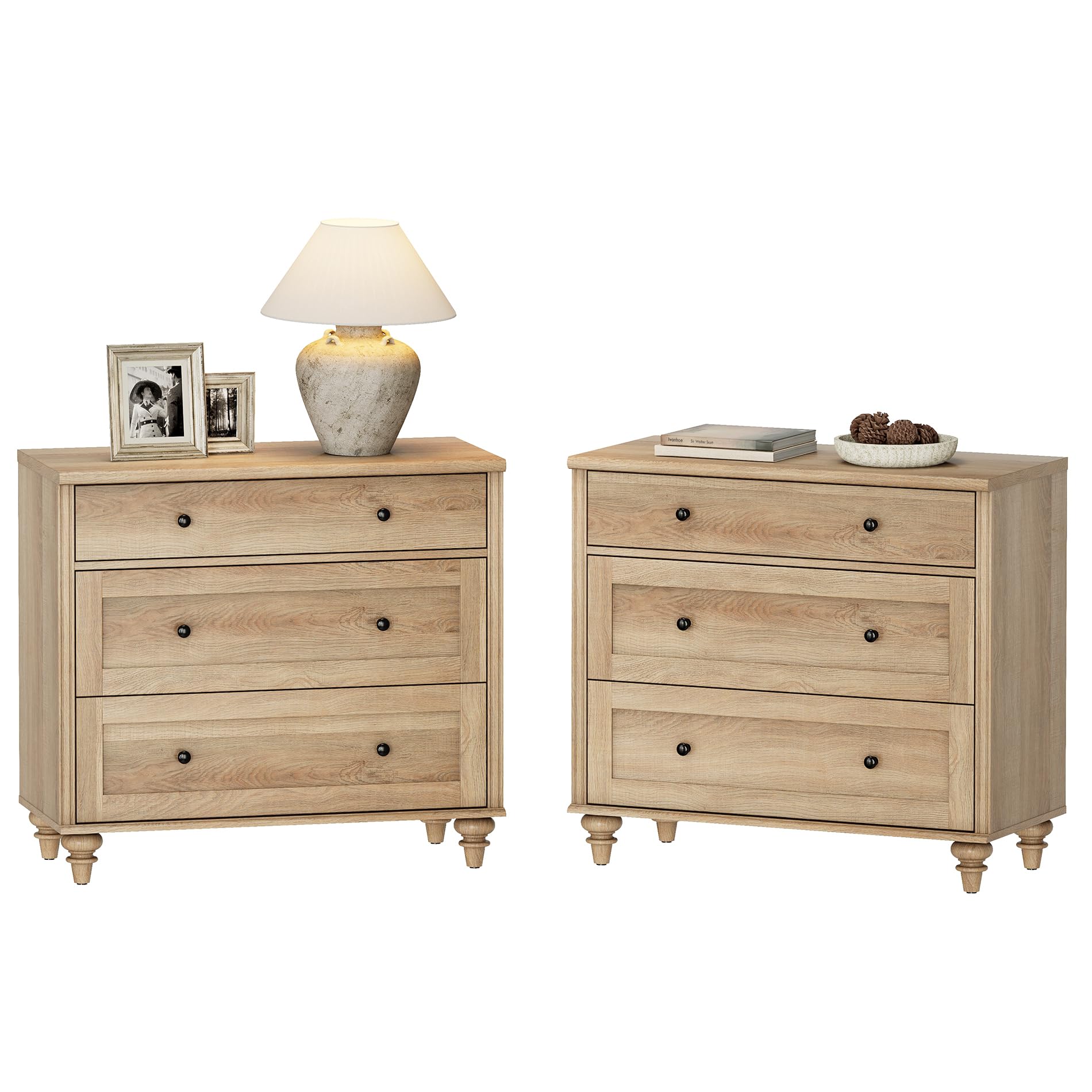 34” Oak Farmhouse Nightstand Set of 2, Large 3-Drawer Wood Bedside Tables for Living Room or Bedroom
