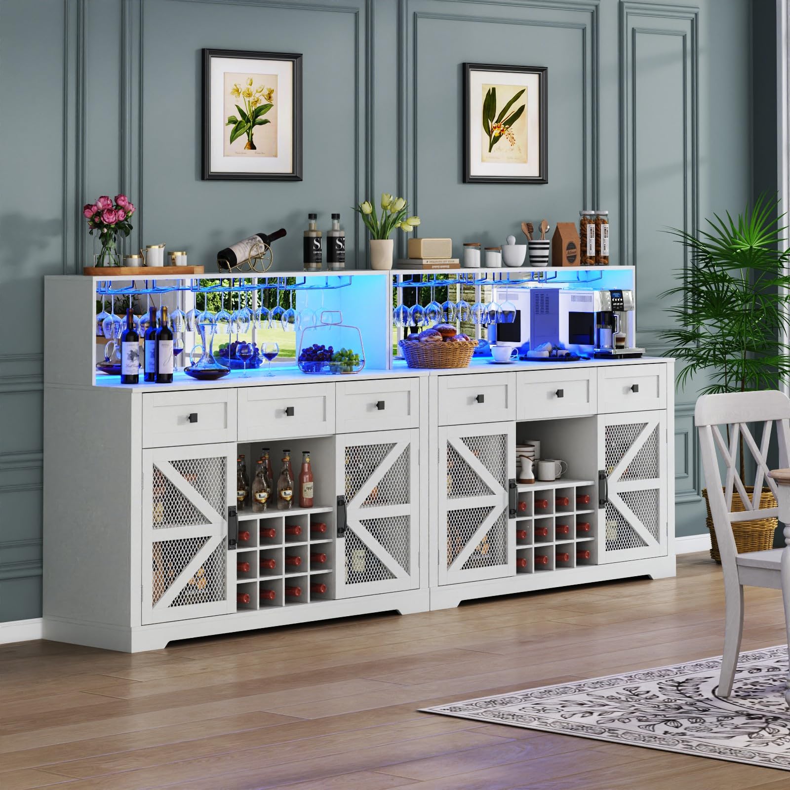 White Wine Bar Cabinet with LED Light, Kitchen Buffet with 3 Drawers, Goblet Holder, Mirror & Adjustable Storage Shelf