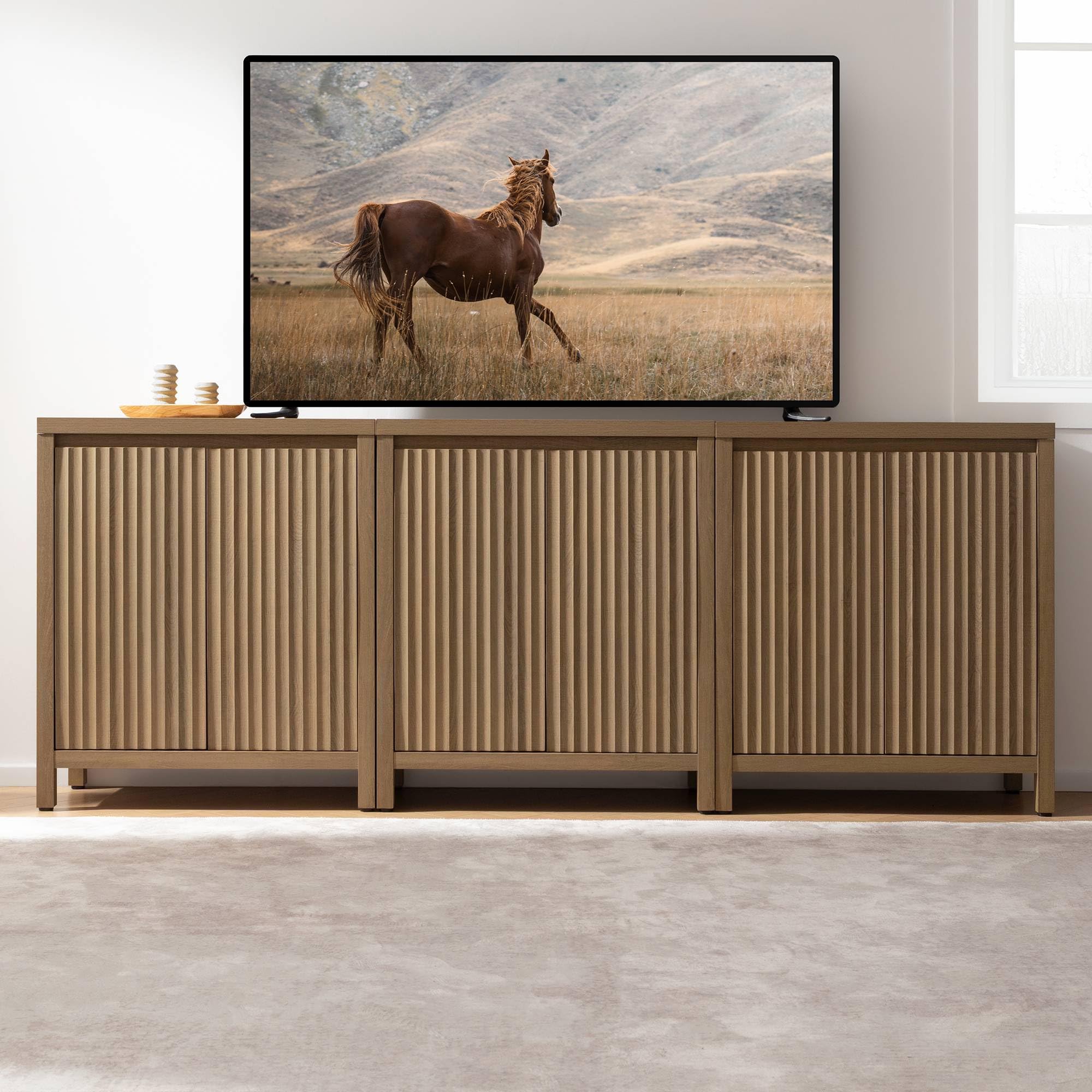 FURNIXI Set of 2 Fluted Sideboard Buffet Cabinets with Adjustable Shelves, Farmhouse Credenza for Kitchen, Oak