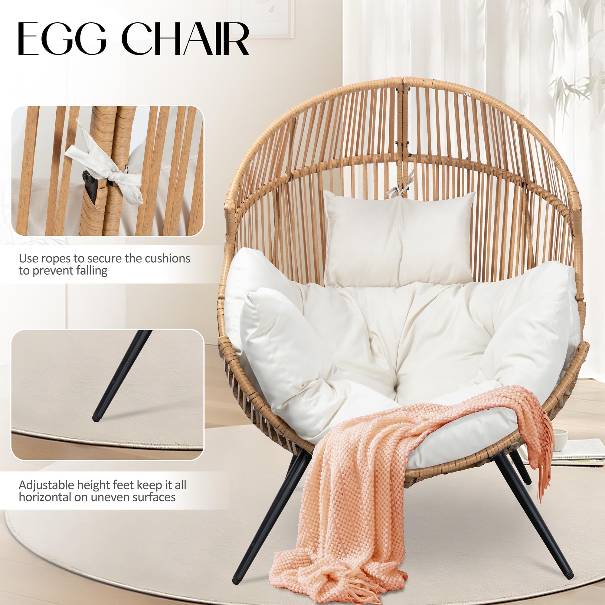 Oversized Wicker Egg Chair – Beige Patio Lounger with Cushion for Indoor Living Room, Balcony or Outdoor Spaces
