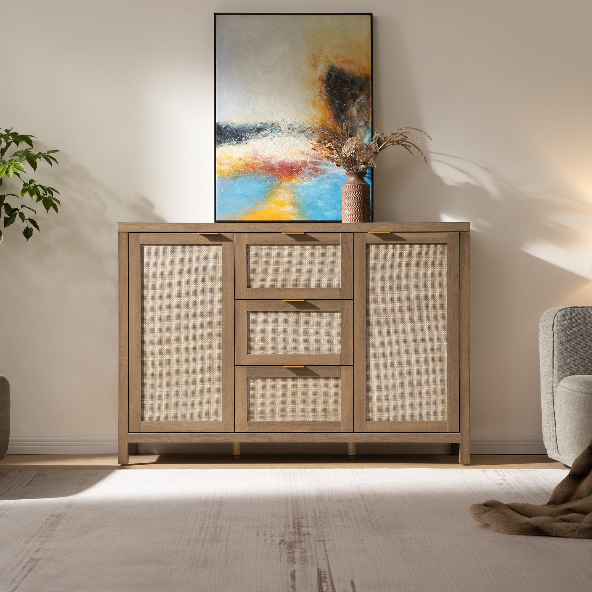 52" Rattan Sideboard Buffet Cabinet with 3 Drawers & 2 Doors, Boho Storage Console for Kitchen, Oak