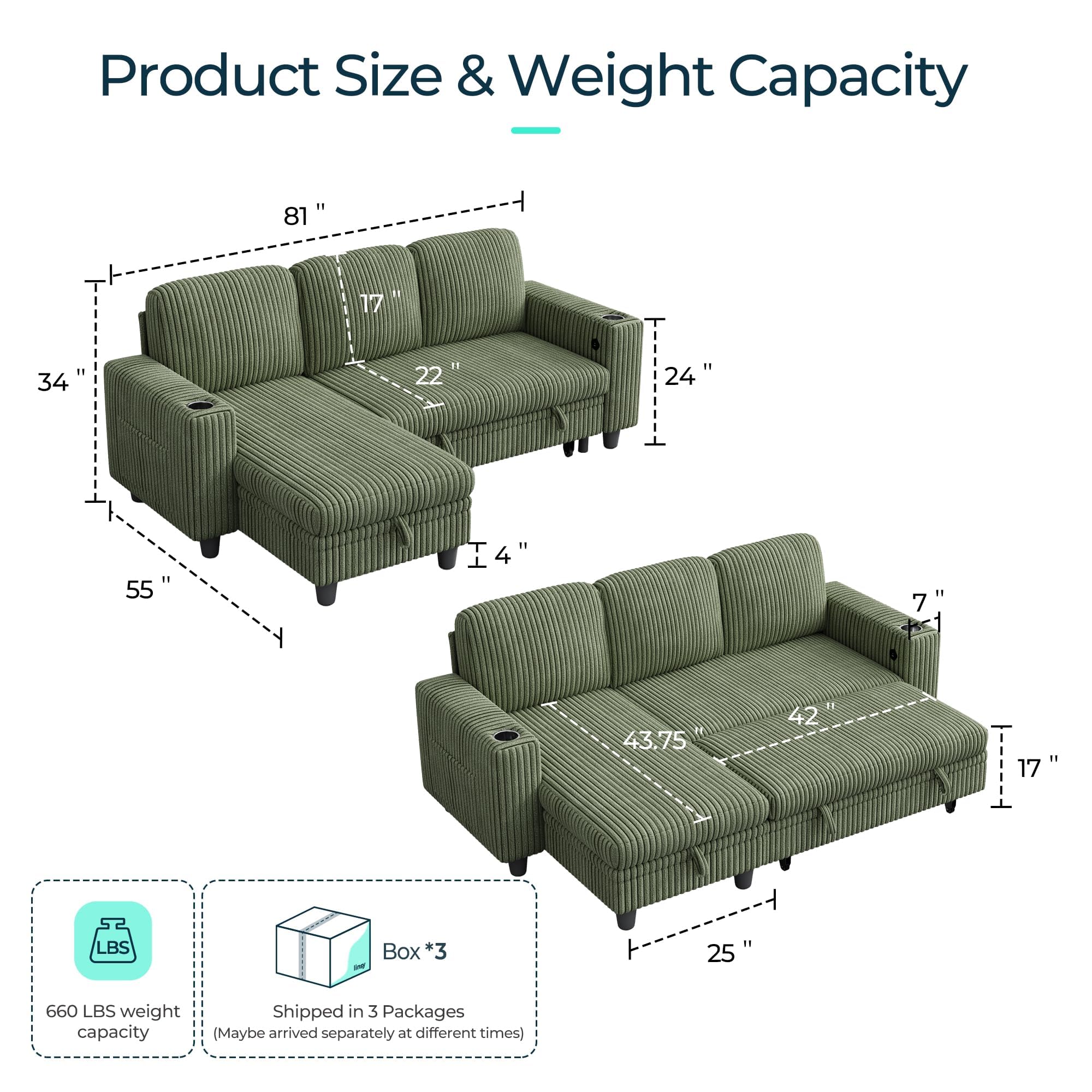 Convertible Sleeper Sofa with Storage Chaise, Corduroy Pull-Out Couch Bed with USB, L-Shaped Modular Sofa, Green