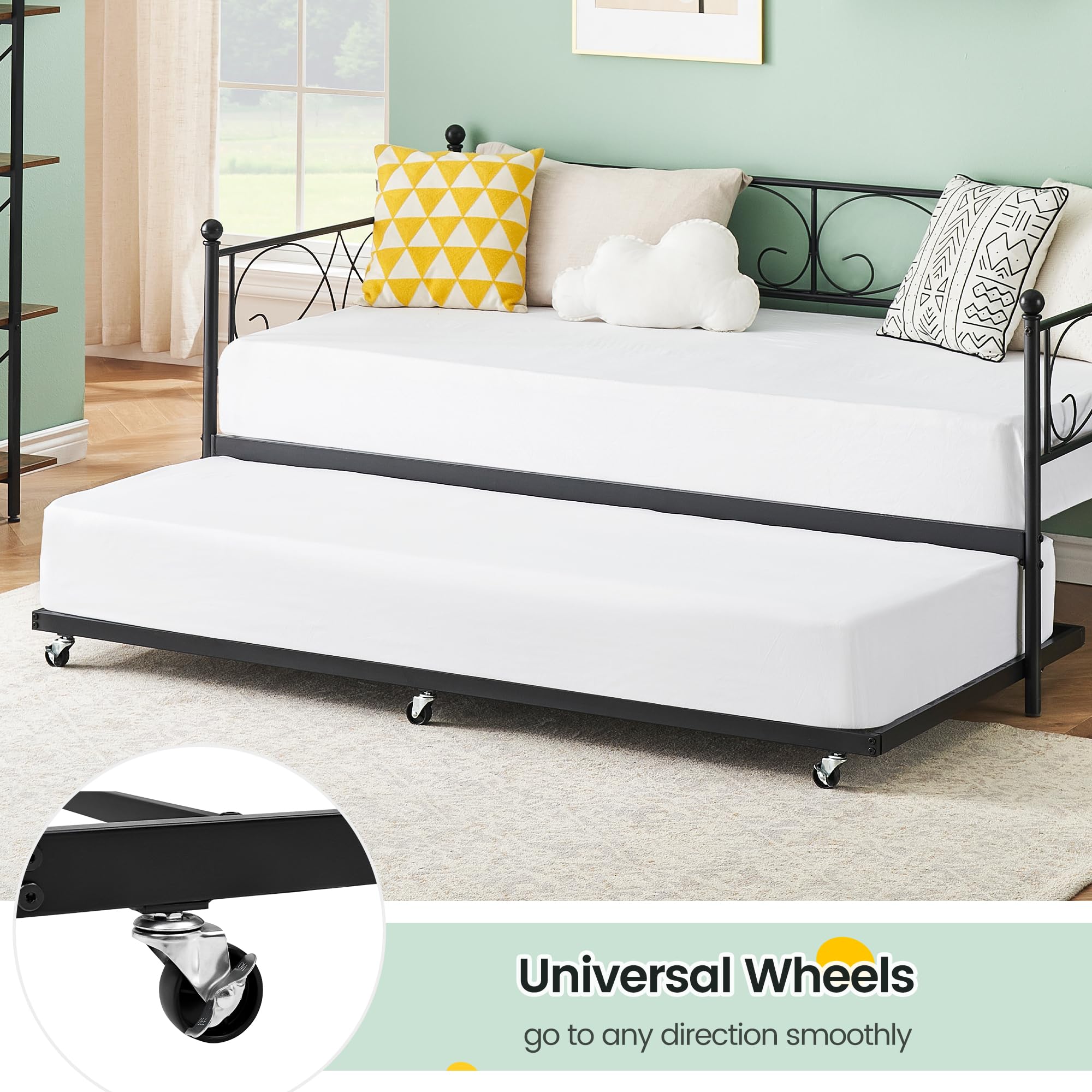 Twin Daybed with Trundle – Black Metal Frame Sofa Bed with Heavy Duty Slats for Living Room or Guest Room