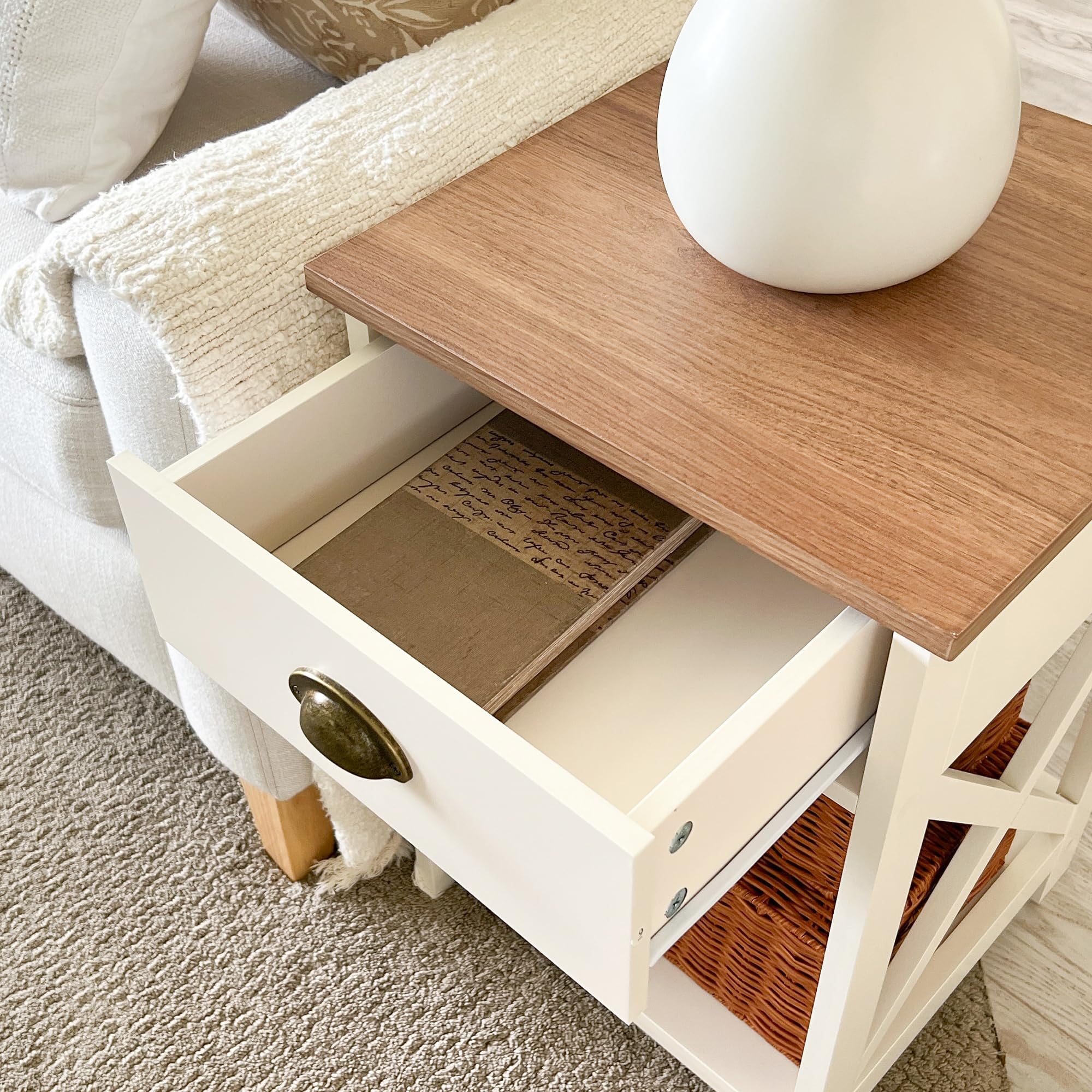 Ivory White Farmhouse End Table Set of 2, Small Bedside Tables for Bedroom or Living Room Use