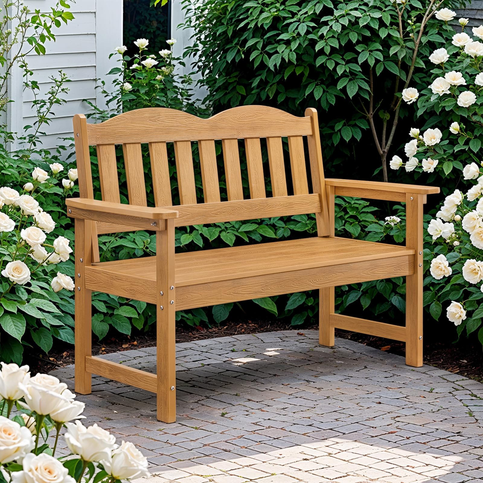 Teak Poly Lumber Outdoor Garden Bench, 2-Person All-Weather Patio Bench with Armrests and Backrest